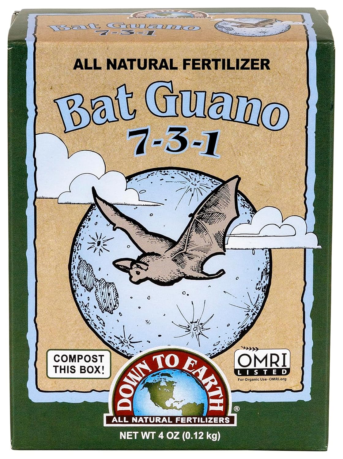 Down To Earth All Natural Fertilizers Organic Bat Guano - 7-3-1, 0.25 lb | High Nitrogen Plant Food for Rapid Vegetative Growth, Fast-Acting in Vegetable Gardens, Flower Gardens