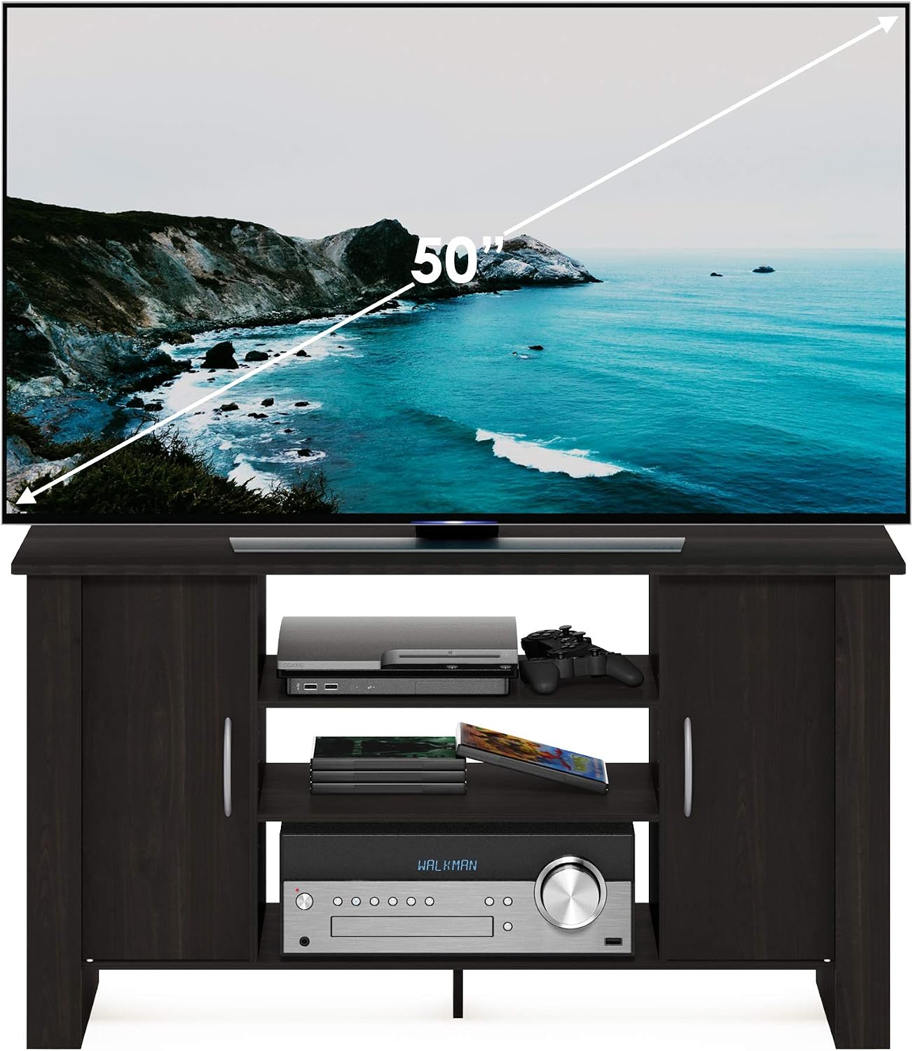Furinno Econ TV Stand Entertainment Center, Espresso | with Adjustable Shelf, Open Back TV Console with Door Storage for TV up to 50 Inch, for Living Room, Bedroom