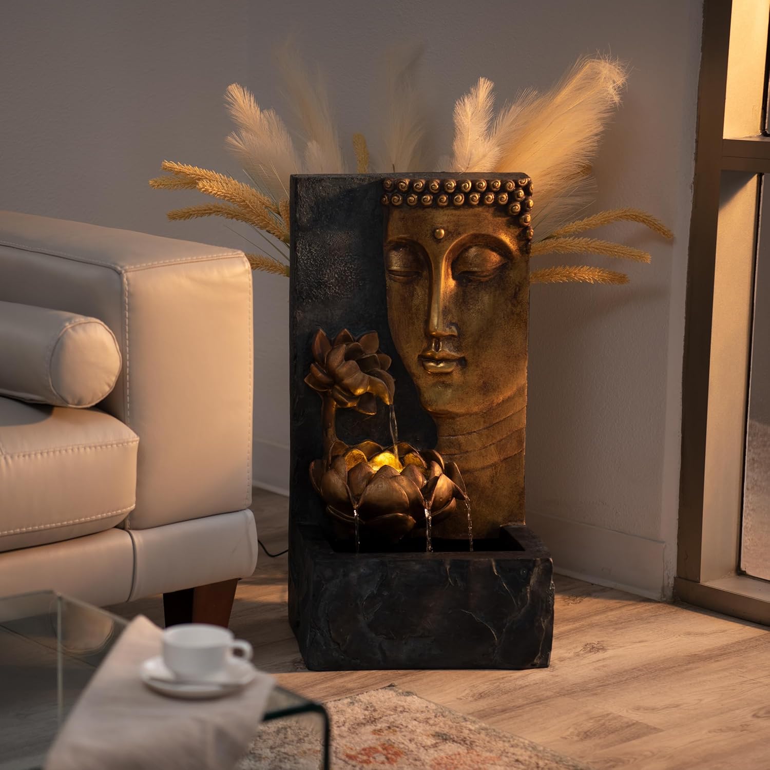 XBrand 30" H Zen Buddha Face Water Fountain w/LED Light & Pump, Indoor/Outdoor Freestanding, Relaxing Zen Décor