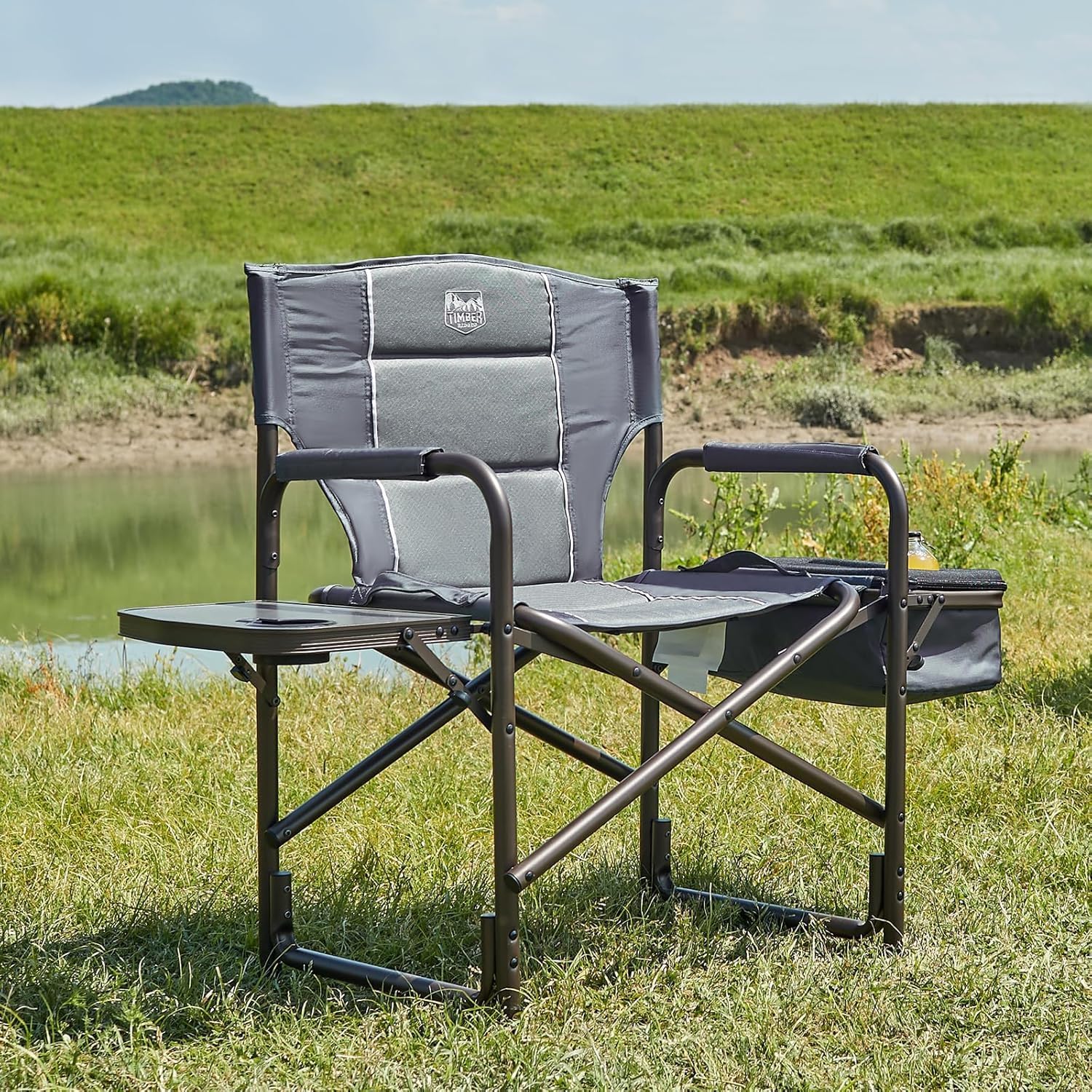 TIMBER RIDGE Lightweight Camping Chair, Portable Laurel Director's Chair with Foldable Side Table, Cooler Bag & Mesh Pocket, Compact Outdoor Folding Lawn Chair, Supports 300lbs, Grey