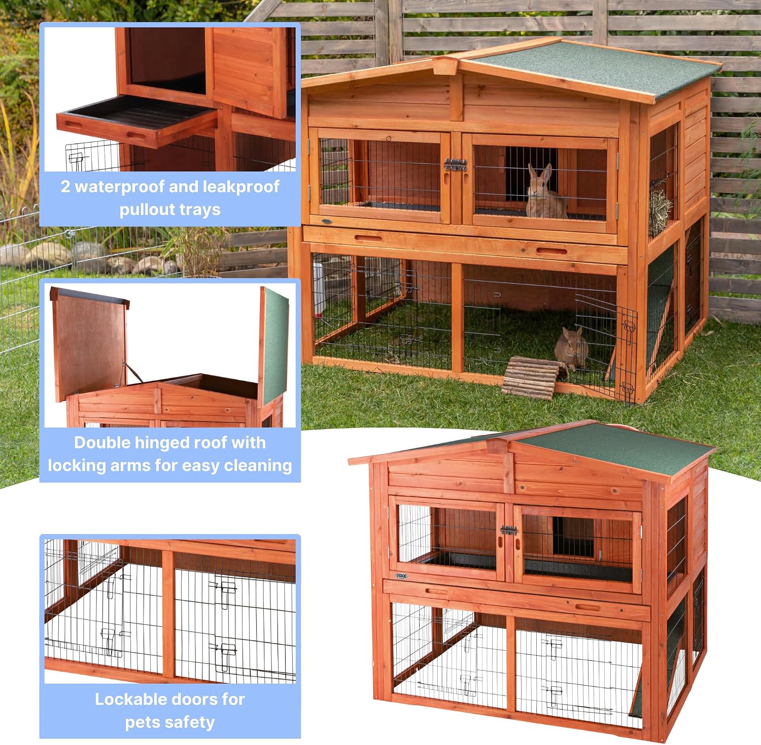 TRIXIE natura Outdoor Rabbit Hutch with Run - 2-Story Rabbit Cage with Non-Slip Ramp - Medium Elevated Small Animal House with Secure Playpen, Hinged Roof & Pull-Out Tray - in Brown