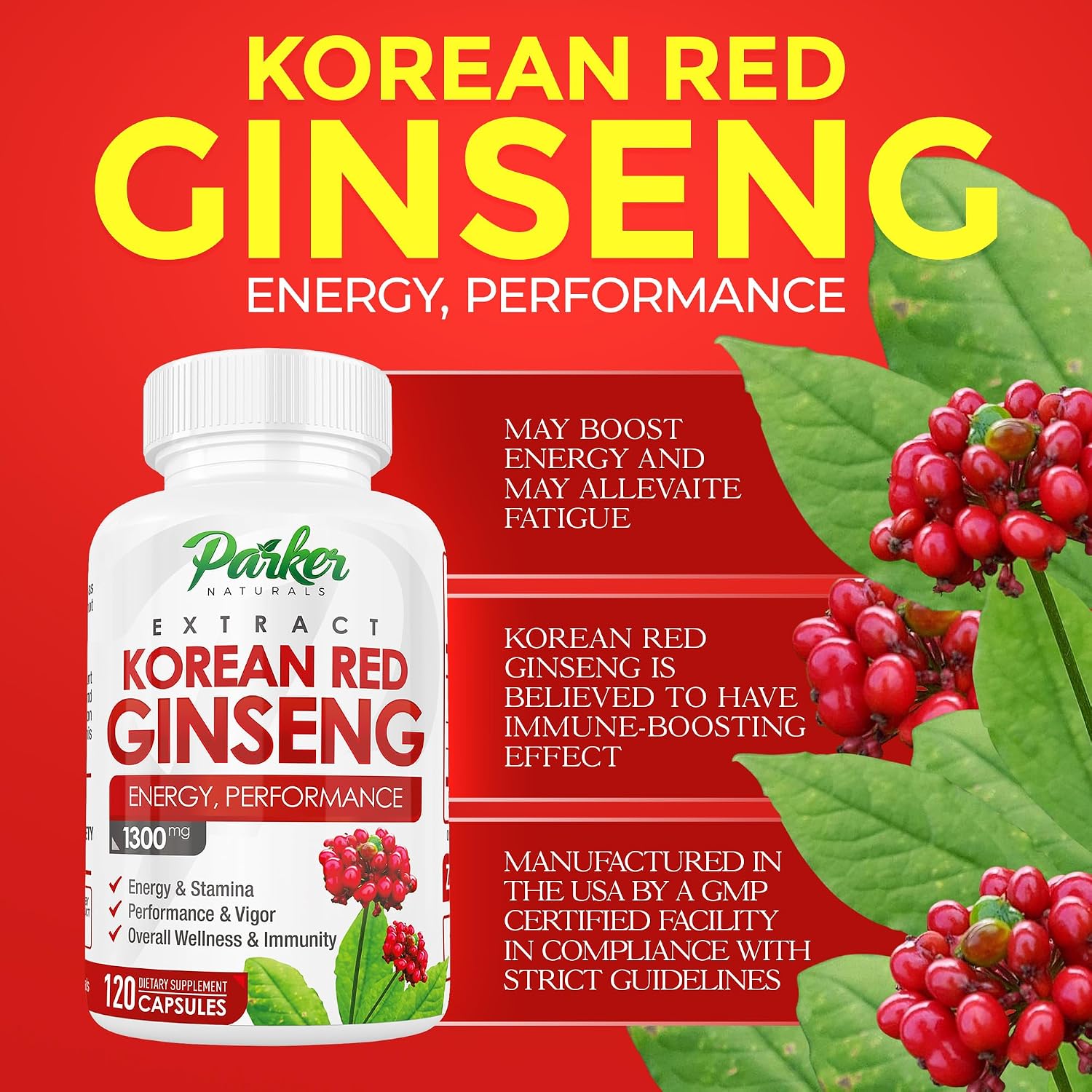 Korean Red Ginseng Extract, 1300mg Extract with Ginger Root and Black Pepper, 20% Ginsenosides Red Panax Ginseng Supplement, 120 Caps
