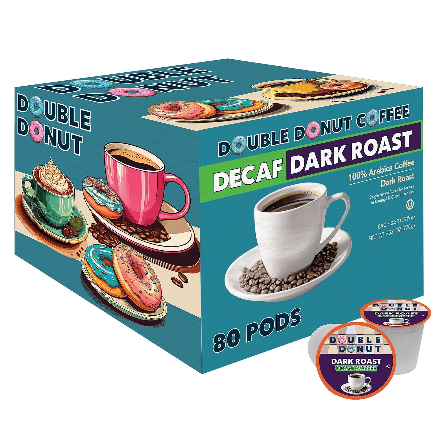 Double Donut Coffee Double Donut Medium Roast Decaf Coffee Pods, Classic, for Keurig K-Cup Machines, 24 Single-Serve Capsules per Box
