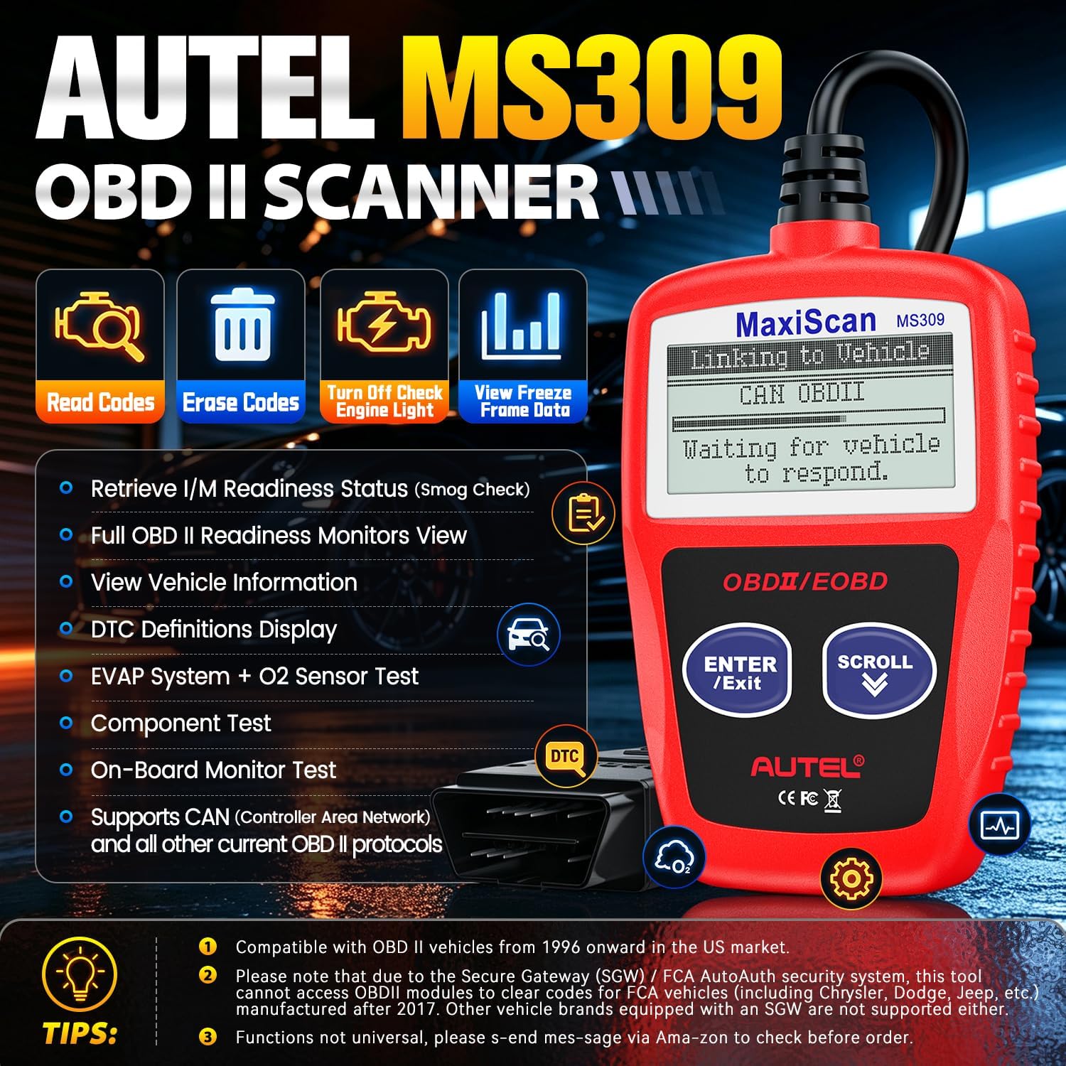 Autel OBD2 Scanner MS309 Universal Car Engine Fault Code Reader, Check Engine Light and Emission Monitor Status, OBDII CAN Diagnostic Scan Tool