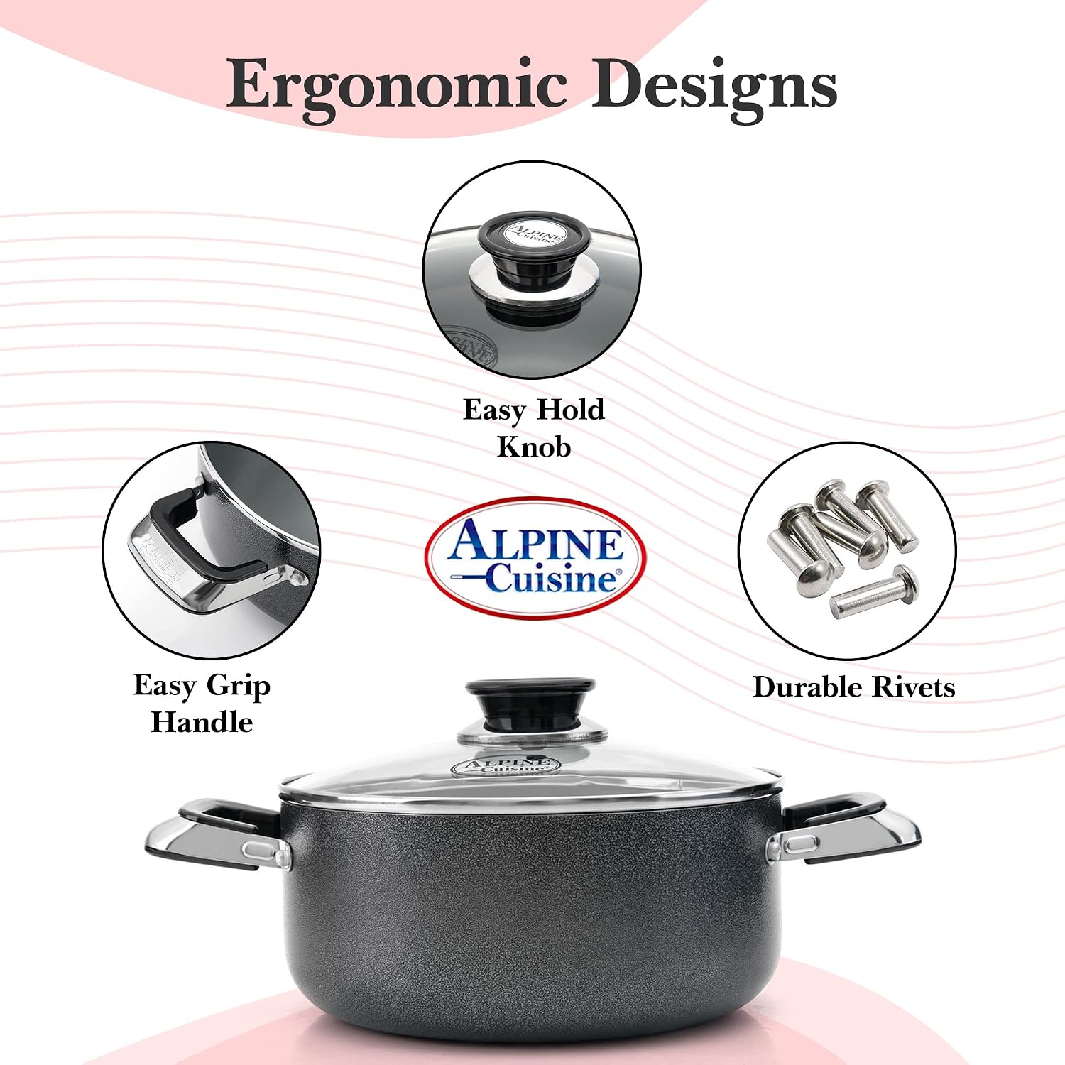 Alpine Cuisine 4 Quart Non-stick Stock Pot with Tempered Glass Lid and Carrying Handles, Multi-Purpose Cookware Aluminum Dutch Oven for Braising, Boiling, Stewing
