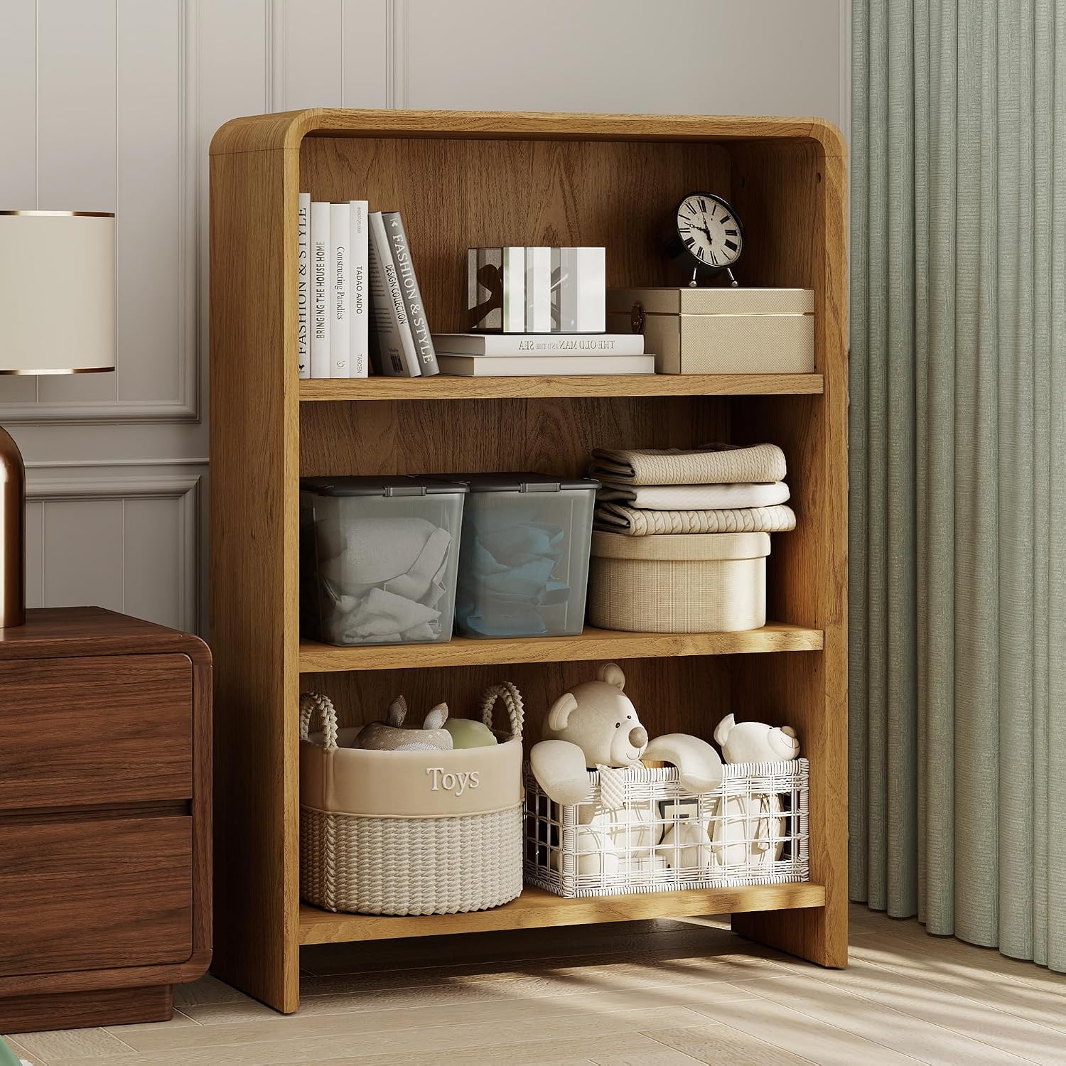 Bevfint 44" Bookcase Tall 3 Shelves Wood Bookshelf with Curved Soft Edges, Heavy Duty Storage Cabinet for Professional Home Office and Living Room, Modern Natural Oak Grain Finish
