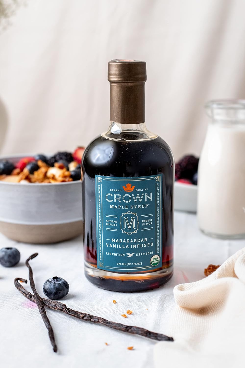 Crown Maple Organic Madagascar Vanilla Maple Syrup, Real Vanilla Bean, Pancakes, Baking, Cocktails & Brunch, 12.7 Fl Oz