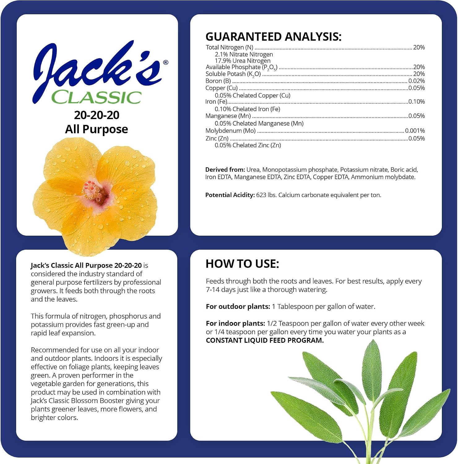 Jack's Classic 20-20-20 All Purpose Water-Soluble Fertilizer, 8oz | Powdered, Targeted Micronutrient Package, Promotes Growth, Green-Up, and Leaf Expansion on All Indoor and Outdoor Plants