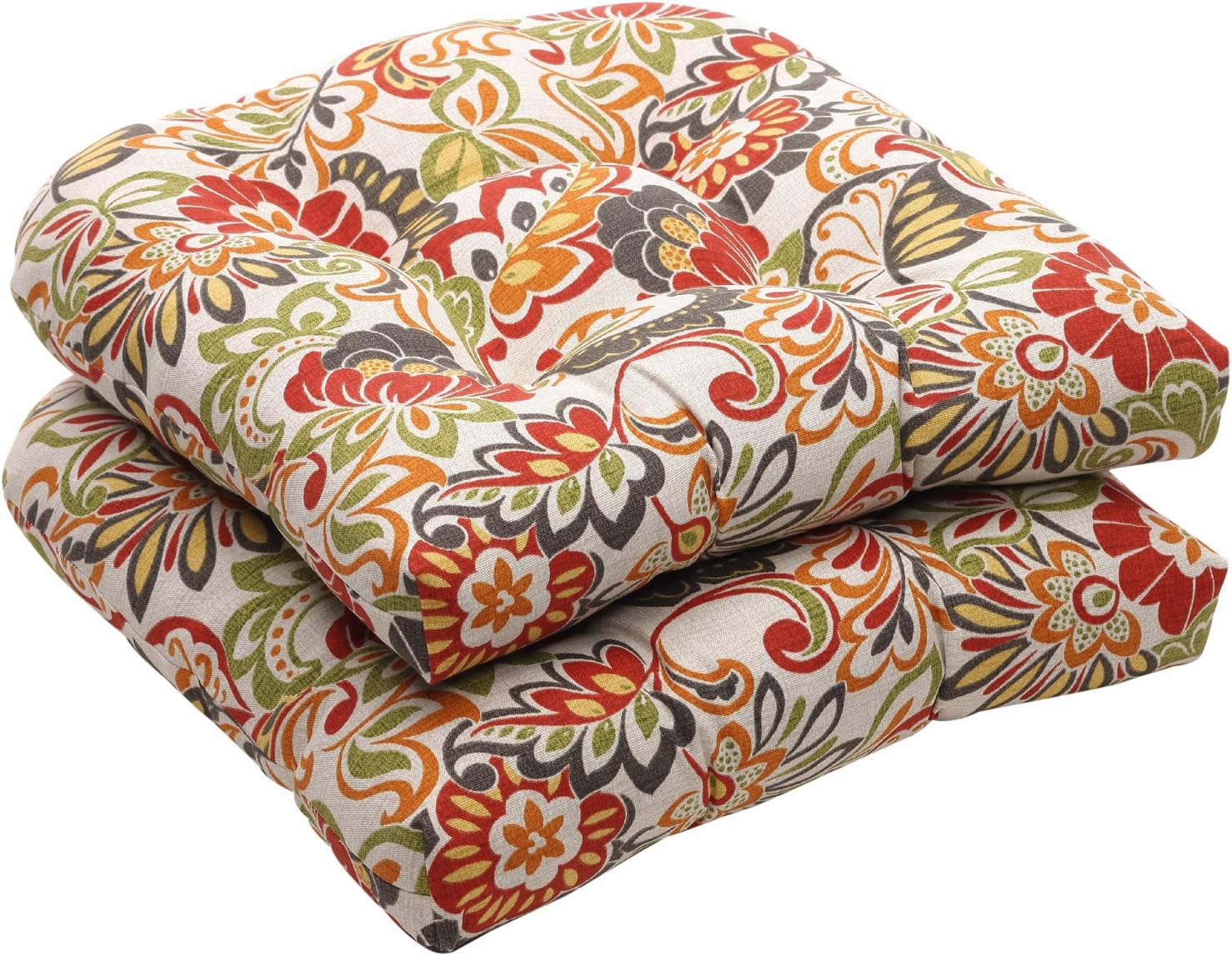 Pillow Perfect Bright Floral Indoor/Outdoor Tufted Wicker Seat Cushion, 2 Count, 19" x 19", Blue/Tan Telfair Peacock