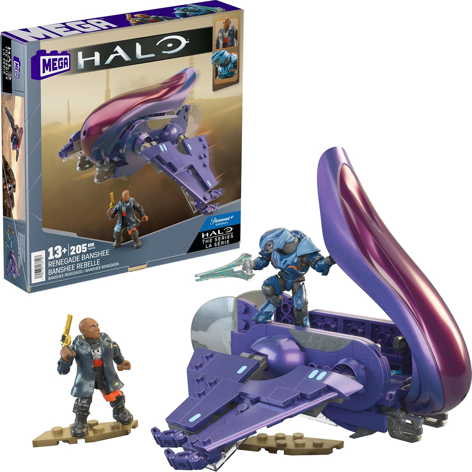 MEGA Halo the Series Vehicle Building Toys Set, Renegade Banshee Aircraft with 205 Pieces, 2 Micro Action Figures, Purple, Kids and Fans