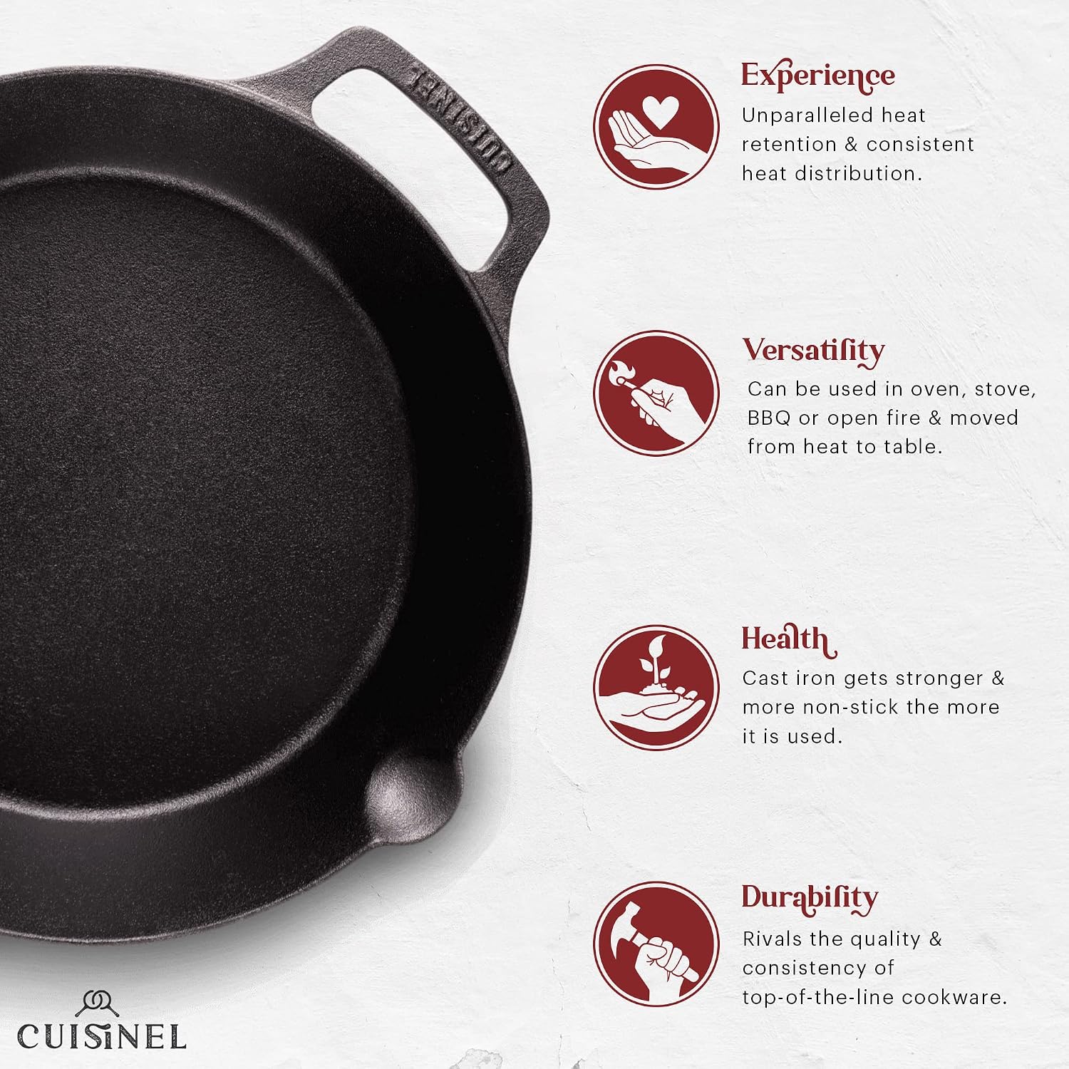 Cuisinel Cast Iron Skillet with Lid - 10"-Inch Pre-Seasoned Frying Pan + Glass Cover + Heat-Resistant Handle Holder - Indoor/Outdoor Use - Grill, Stove, Camp Firepit, Induction - Oven Safe Cookware