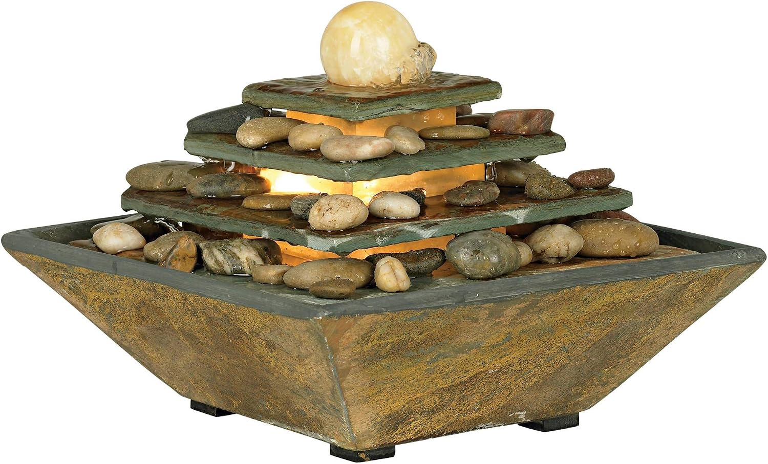 Pyramid 10" High Feng Shui Ball Lighted Table Indoor Small Fountain | Zen Modern Decor Slate Stone Tabletop with Light Waterfall Rock Water Feature for Desk Relaxation Bedroom Living Room