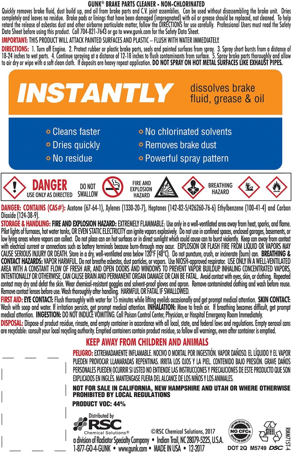 GUNK Brake Parts Cleaner – Non-Chlorinated Brake Cleaner Spray Can – Fast-Drying Formula for Pads, Rotors & Calipers - Helps Remove Brake Dust