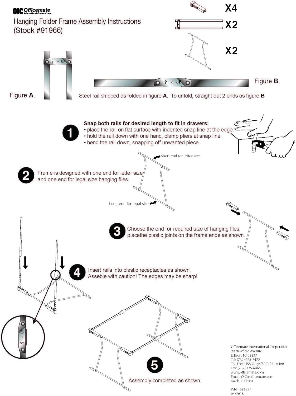 Officemate Universal Hanging File Frame, Letter and Legal Size, Rails 24 to 27, Steel, 1 Set (91966)