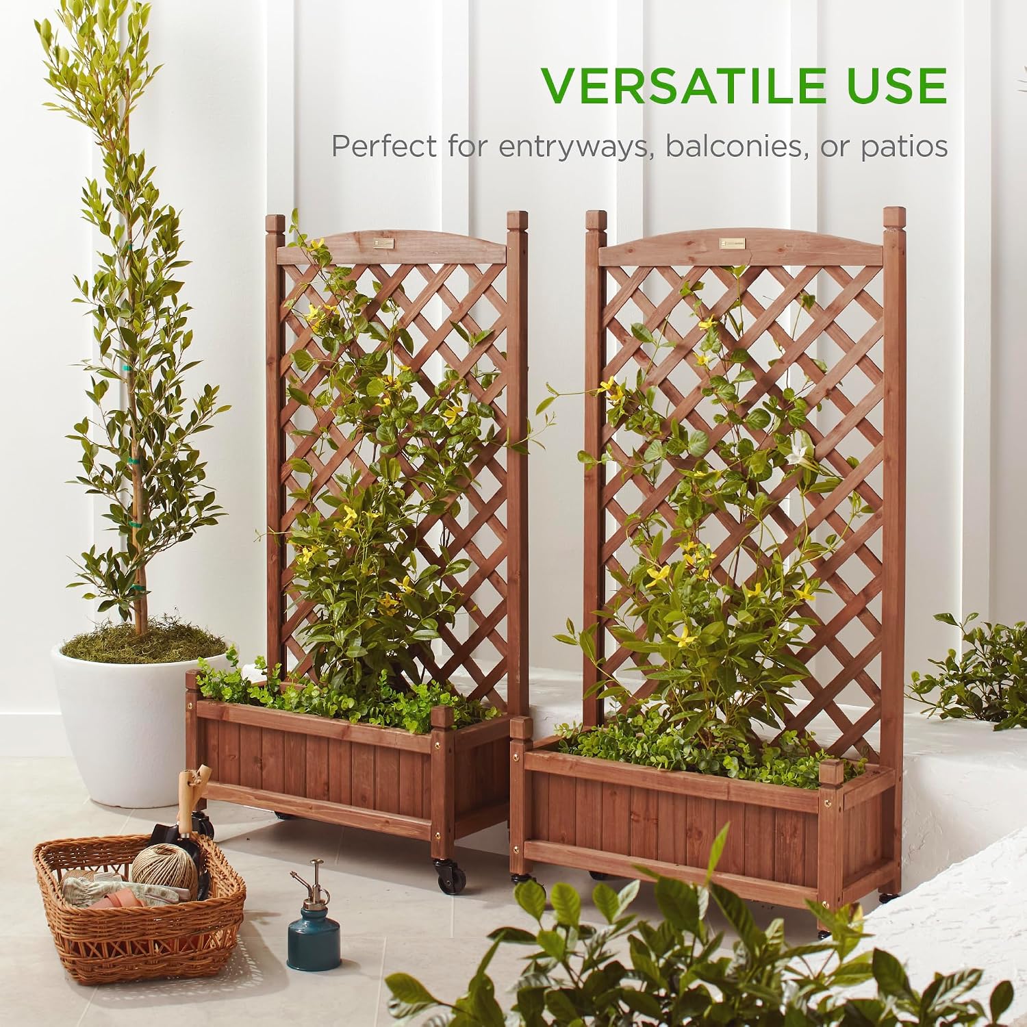 Best Choice Products Set of 2 48in Wood Planter Box & Diamond Lattice Trellis, Mobile Outdoor Raised Garden Bed for Climbing Plants w/Drainage Holes