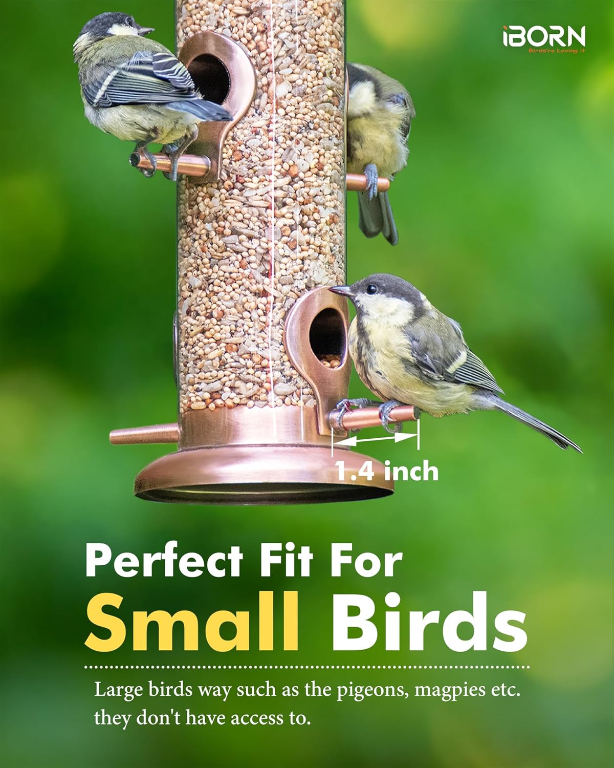 Bird Feeders for Outdoors 15" 4 Ports Chew-Resistant, Copper-Plating, 1PK | Metal, Durable Outdoors, Flip-top Easy Refill & Clean, Mixed Seeds