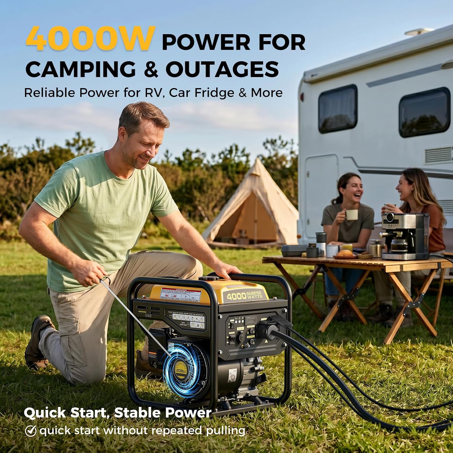4000W Gas-Powered Inverter Generator, 208cc, Portable for Camping | 3200 running watts with under 3% THD, up to 9 hours at 25% load, a 30A outlet