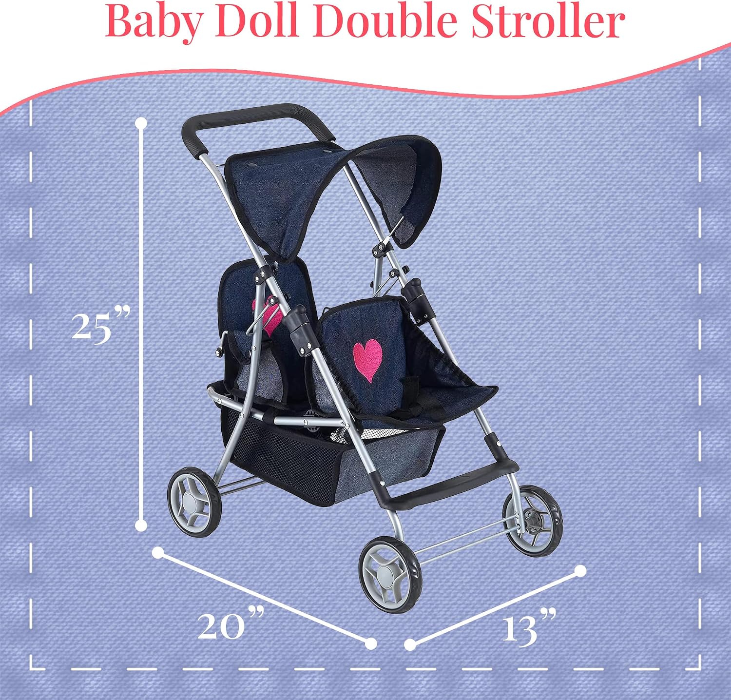 My First Doll Twin Stroller - Cutest Heart Design Doll Twins Stroller - Great Toy Gift for Girls