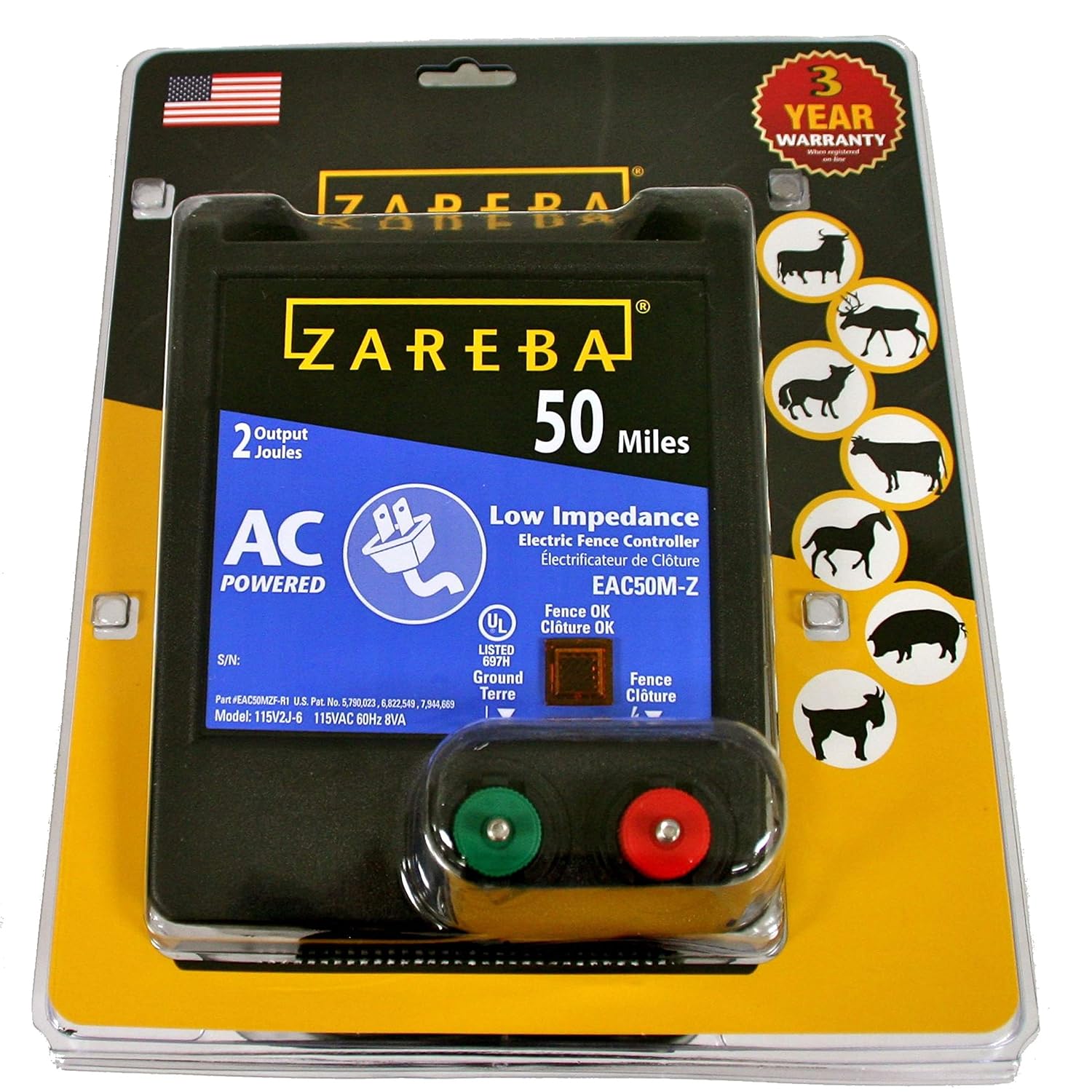 Zareba 50 Mile AC-Powered Low Impedance Electric Fence Charger | 2.0 Joule Output, Contain Cattle, Horses, Pigs, Goats, Use in Heavy Weed Conditions, Lightning Protection, EAC50M-Z