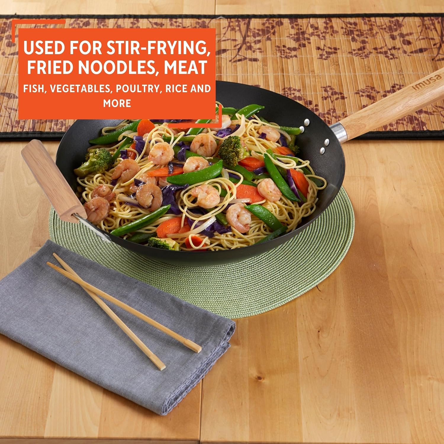 IMUSA 9.5 Inch Carbon Steel Nonstick Wok with Cool-touch Handle, Black | Cool-Touch Handle, Ideal for Stir Fry, Great for Everyday Meals