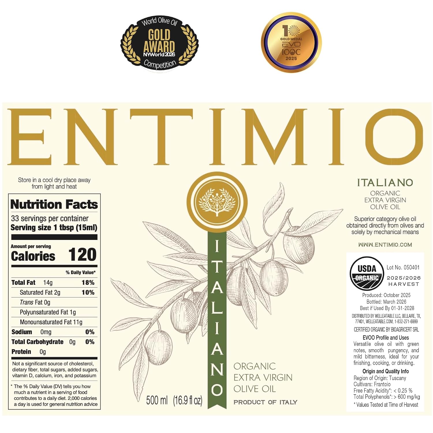 Entimio Italiano Organic Italian Extra Virgin Olive Oil from Italy, 600+ mg/kg High in Polyphenols, 2026 NYIOOC Gold, Tuscany evoo, Cold Extracted