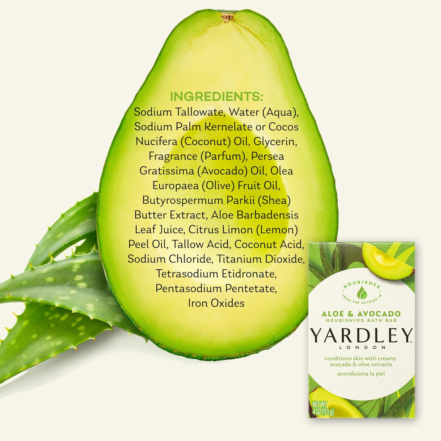 Yardley London Nourishing Bath Soap Bar Aloe & Avocado, Conditions Skin with Creamy Avocado & Olive Extracts, 4.0 oz Bath Bar, 1 Soap Bar