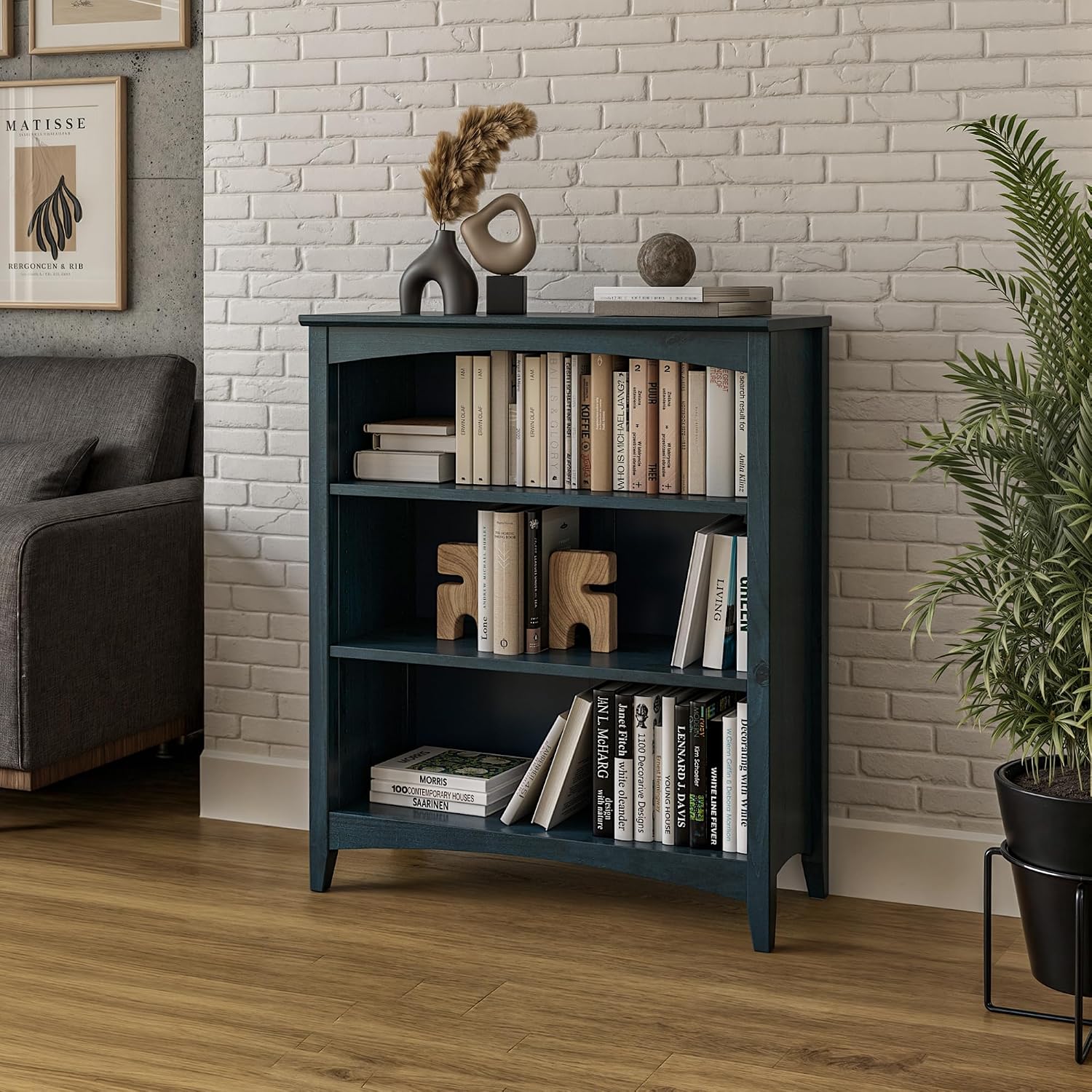 Shaker Style 3 Shelf Bookcase / Solid Wood / 36" High / Adjustable Shelving / Closed Back / Display Bookshelf for Living Room, Bedroom, Home and Office, White