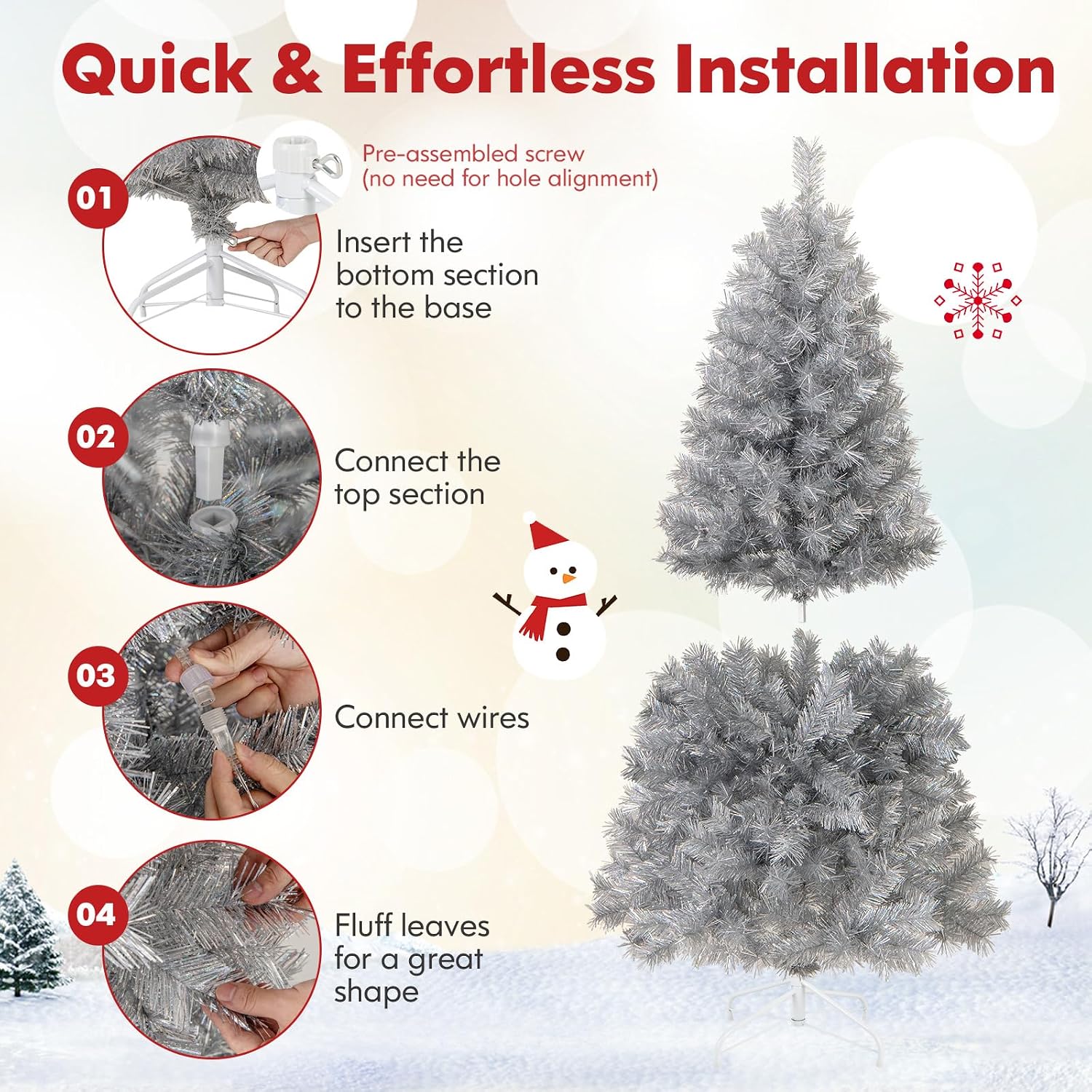 Goplus 7.5ft Pre-Lit Artificial Christmas Tree, Premium PVC Snow Flocked Hinged Pine Tree with Metal Stand and LED Lights
