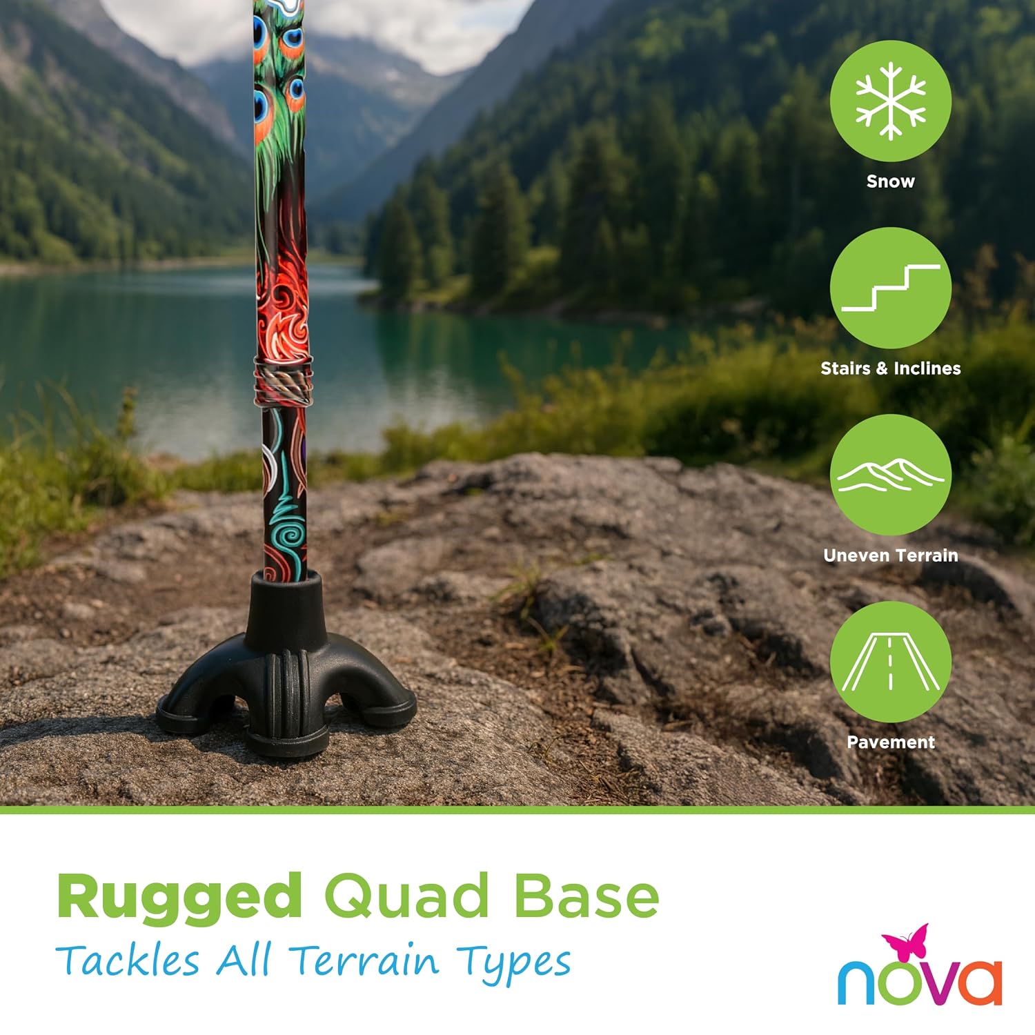 Nova Joy Designer Offset Quad Cane for Seniors - Unisex Adjustable Lightweight Walking Aid with Foam Handle, Wrist Strap and Anti-Rattle Lock - Essential Mobility Support - Maui Flowers