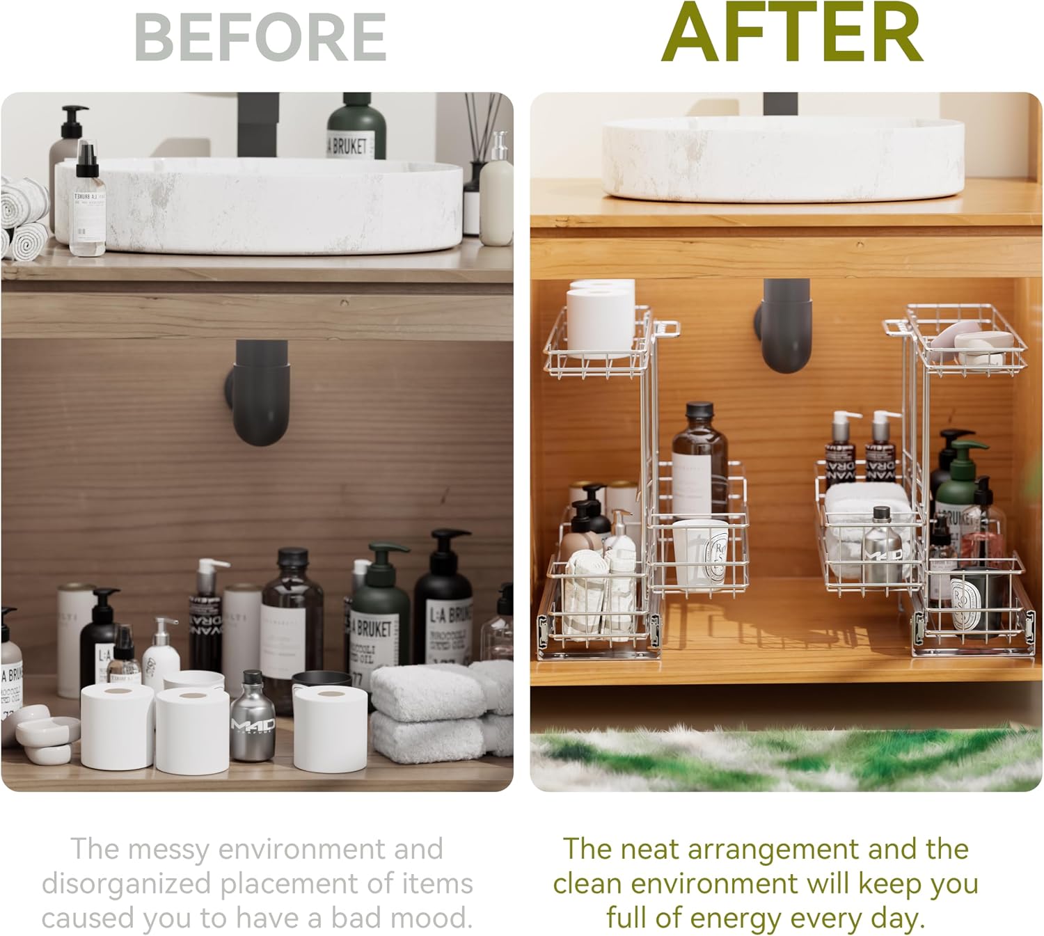 Under Sink Organizer 9" W X19 D, Pull Out Cabinet Organizer 2 Tier
