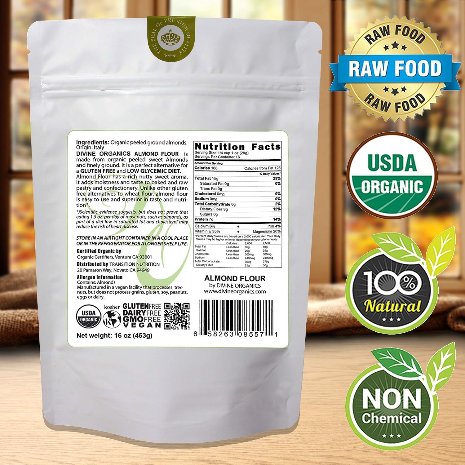6 oz Organic Almond Flour Powdered Gluten Free Low Glycemic Non-GMO by Divine Organics