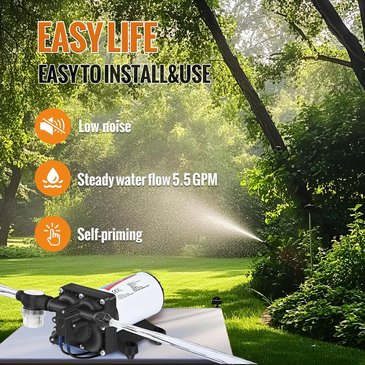 YOUNGTREE RV Water Pressure Diaphragm Pump 110V 4.0GPM 50PSI On Demand Fresh Water Transfer Pump 110Volt AC with Garden Hose Adapters for Irrigation Home Pool Draining Sprinkler