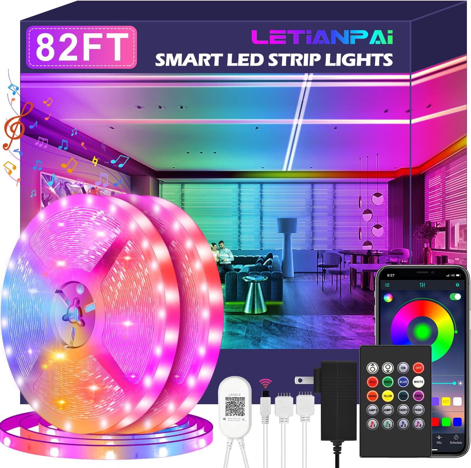 100ft Led Strip Lights, Long Smart Led Light Strips Music Sync 5050 RGB Color Changing Rope Lights