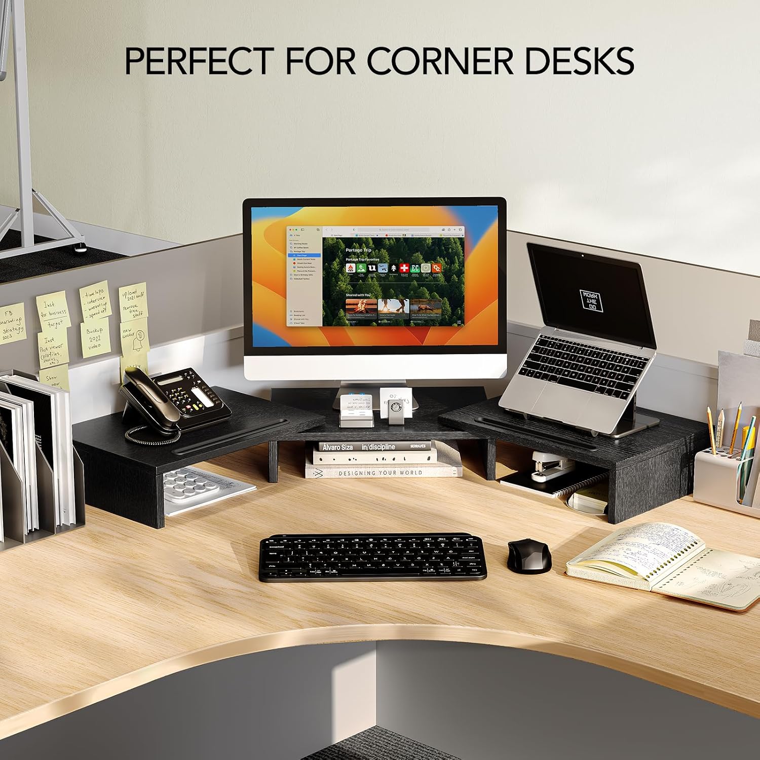 AMERIERGO Dual Monitor Stand Riser- 3 Shelf Screen Stand with Adjustable Length and Angle, 2 Extra Functional Slot Desktop Organizer Stand for PC