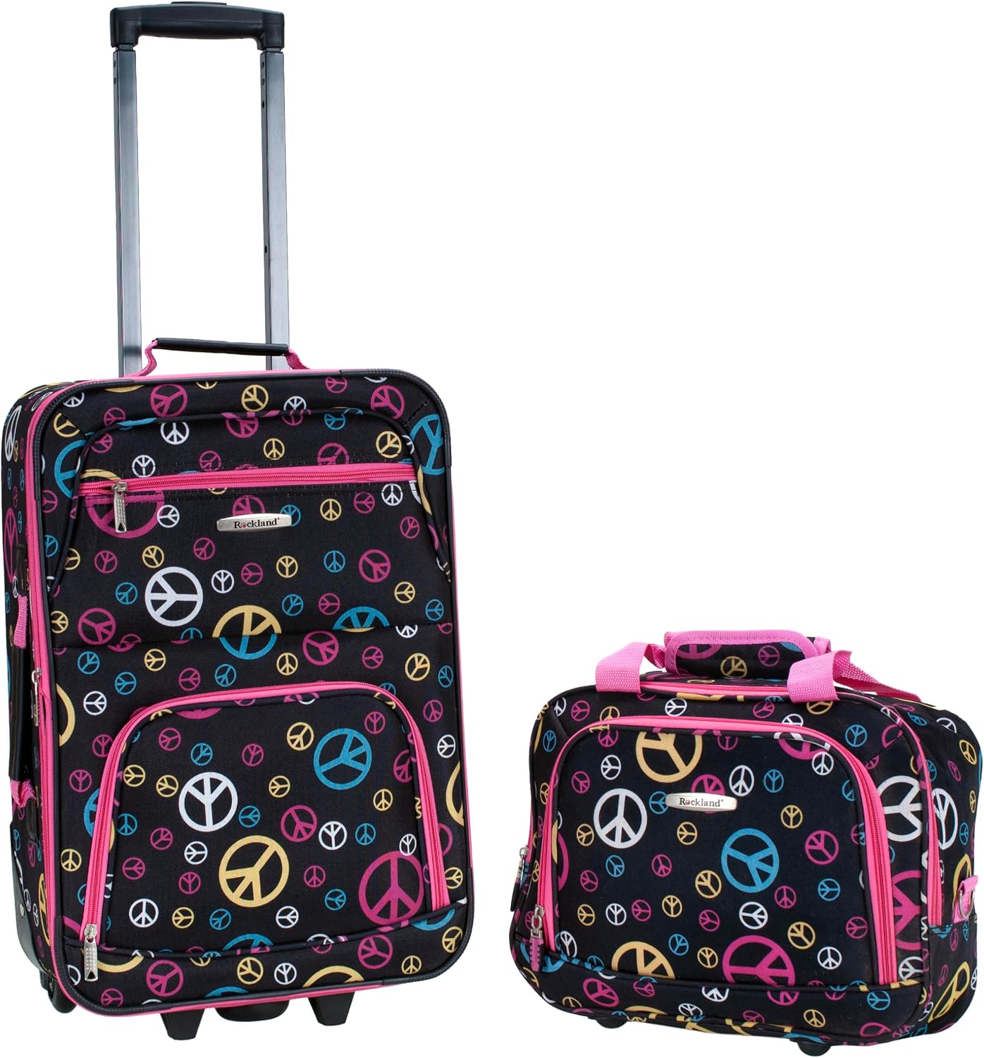 Rockland Fashion Softside Upright Luggage Set,Expandable, Telescopic Handle, Wheel, Black Dot, 2-Piece (14/19)