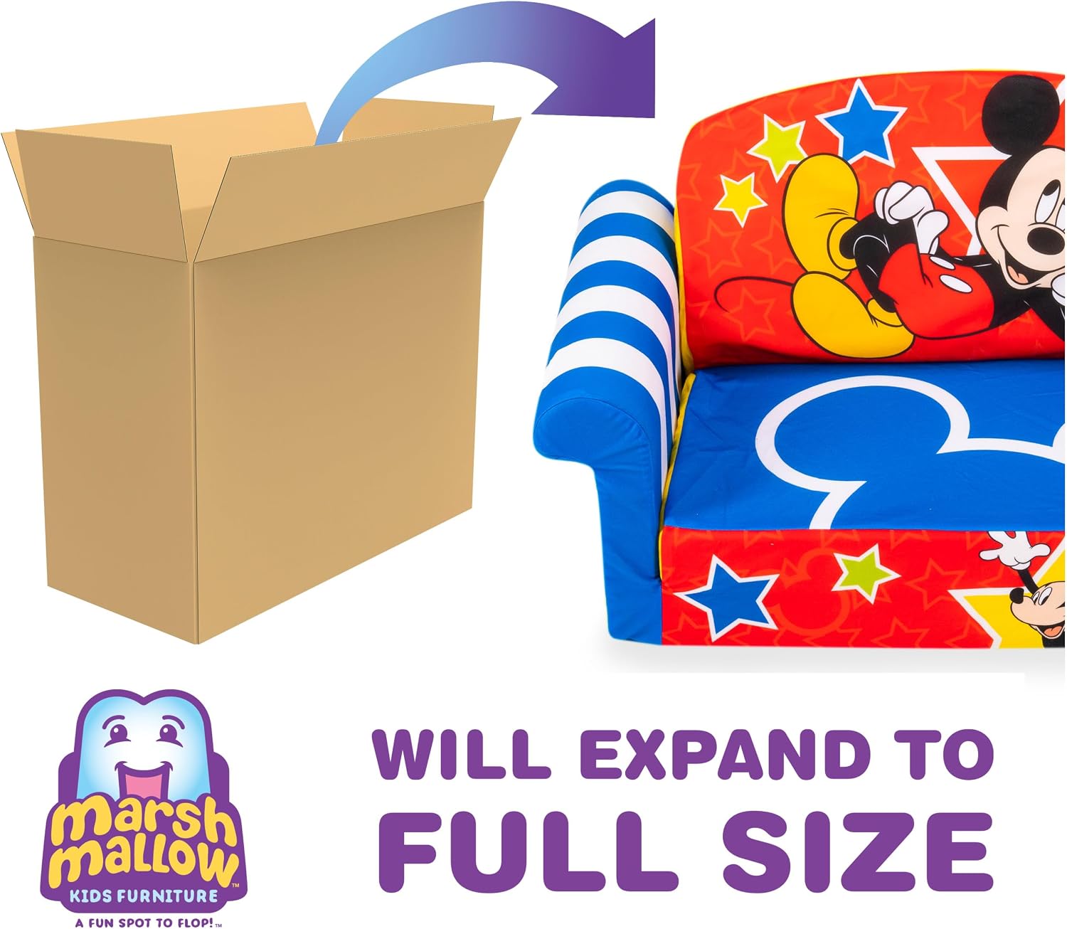 Marshmallow Furniture, Children's 2 in 1 Flip Open Foam Sofa, Minnie Mouse, by Spin Master | Pullout Foam Sleeper for Folding Lounging, Sitting, and Napping for Toddlers & Kids, Bedroom and Playroom Use