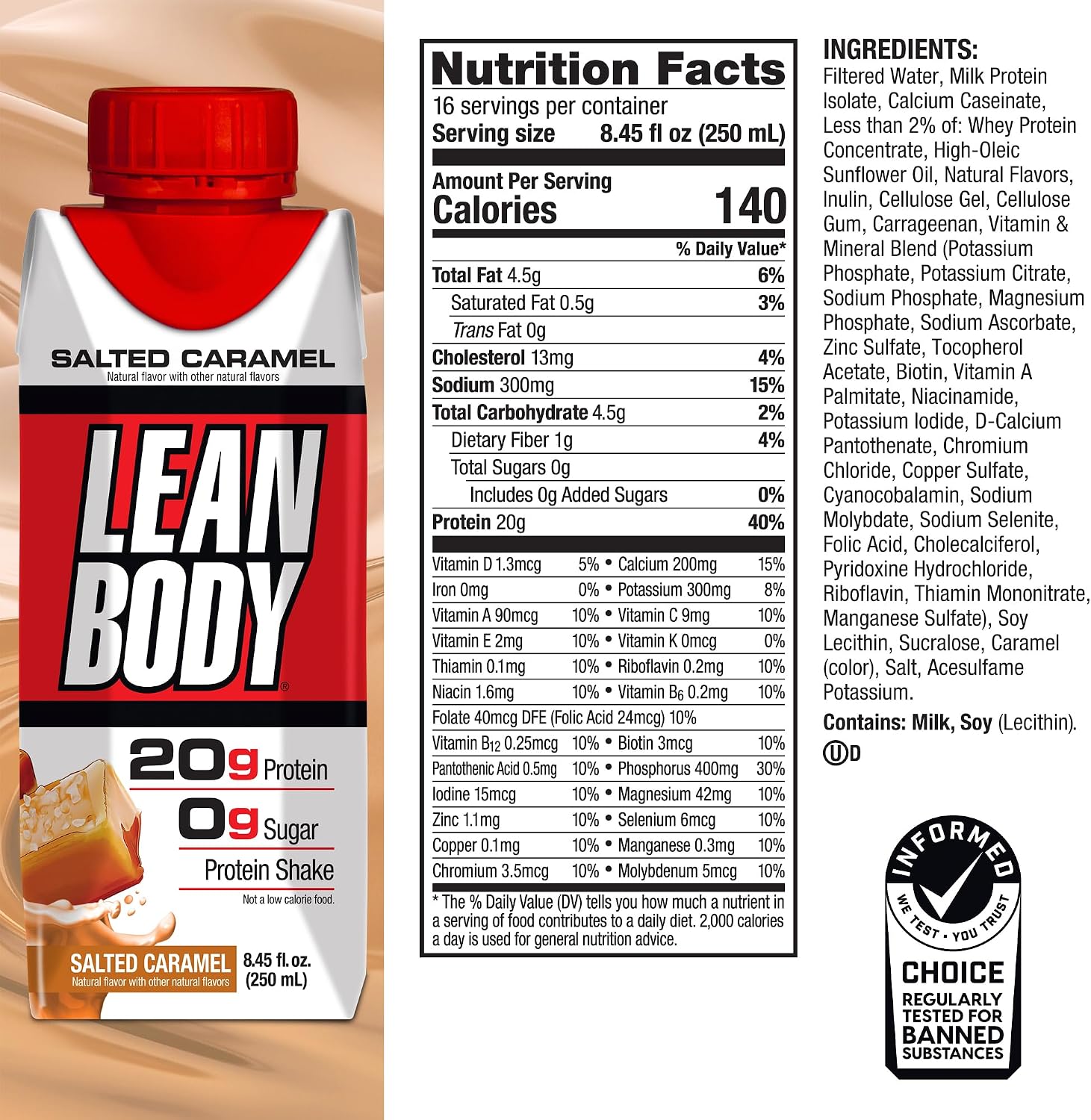 Labrada Lean Body Ready-to-Drink Chocolate Protein Shake, 40g Protein, Whey Blend, 0 Sugar, Gluten Free, 22 Vitamins & Minerals, LABRADA, 17 Fl Oz (Pack of 12)