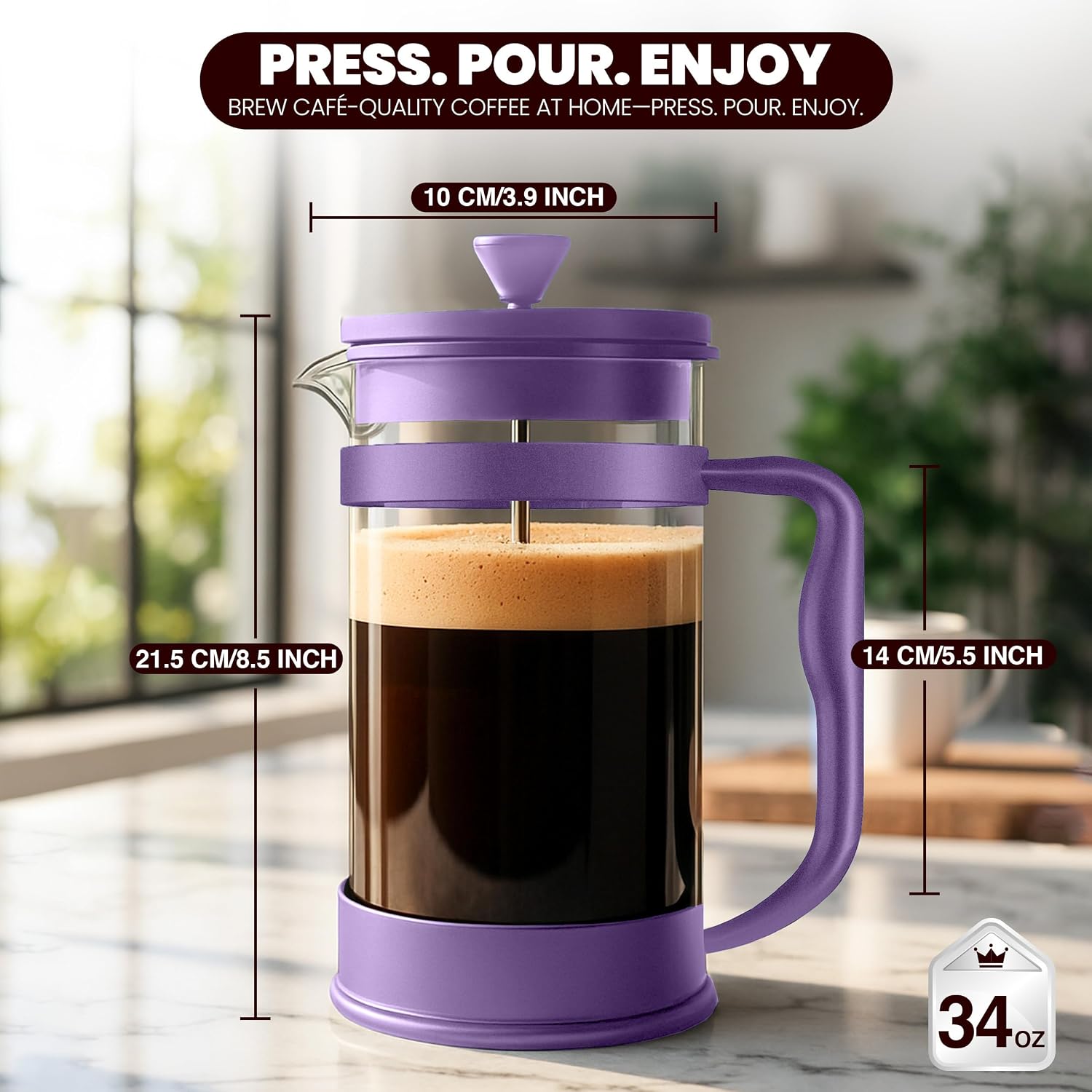 Utopia Kitchen Borosilicate Glass French Press Coffee Maker 34 Oz, Black | Heat-Resistant Cafetiere & Tea Maker, Thickened Glass Coffee Press for Travel and Camping