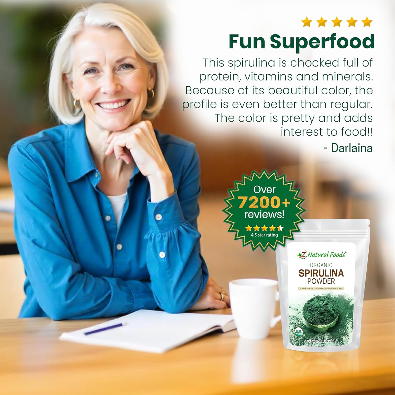 Z Natural Foods Organic Spirulina Powder - 16 oz (Pack of 1) | Organic, Blue-Green Algae Superfood, Spirulina, Raw, Contains Amino Acids, Mixes in Smoothies, Yogurt & Recipes