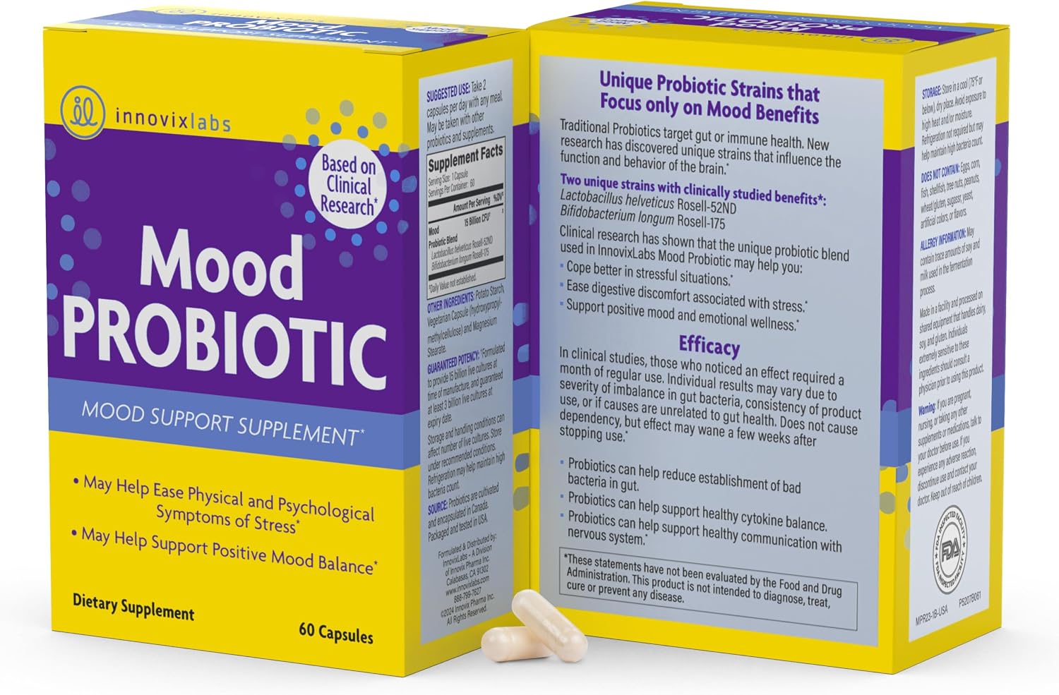 InnovixLabs Mood Support Probiotics for Women & Men (60 Capsules) | Supports Relaxation & Digestive Health, Acidophilus Probiotic w/ Lactobacillus & Bifidobacterium 5 Billion CFU, 30-Day Supply