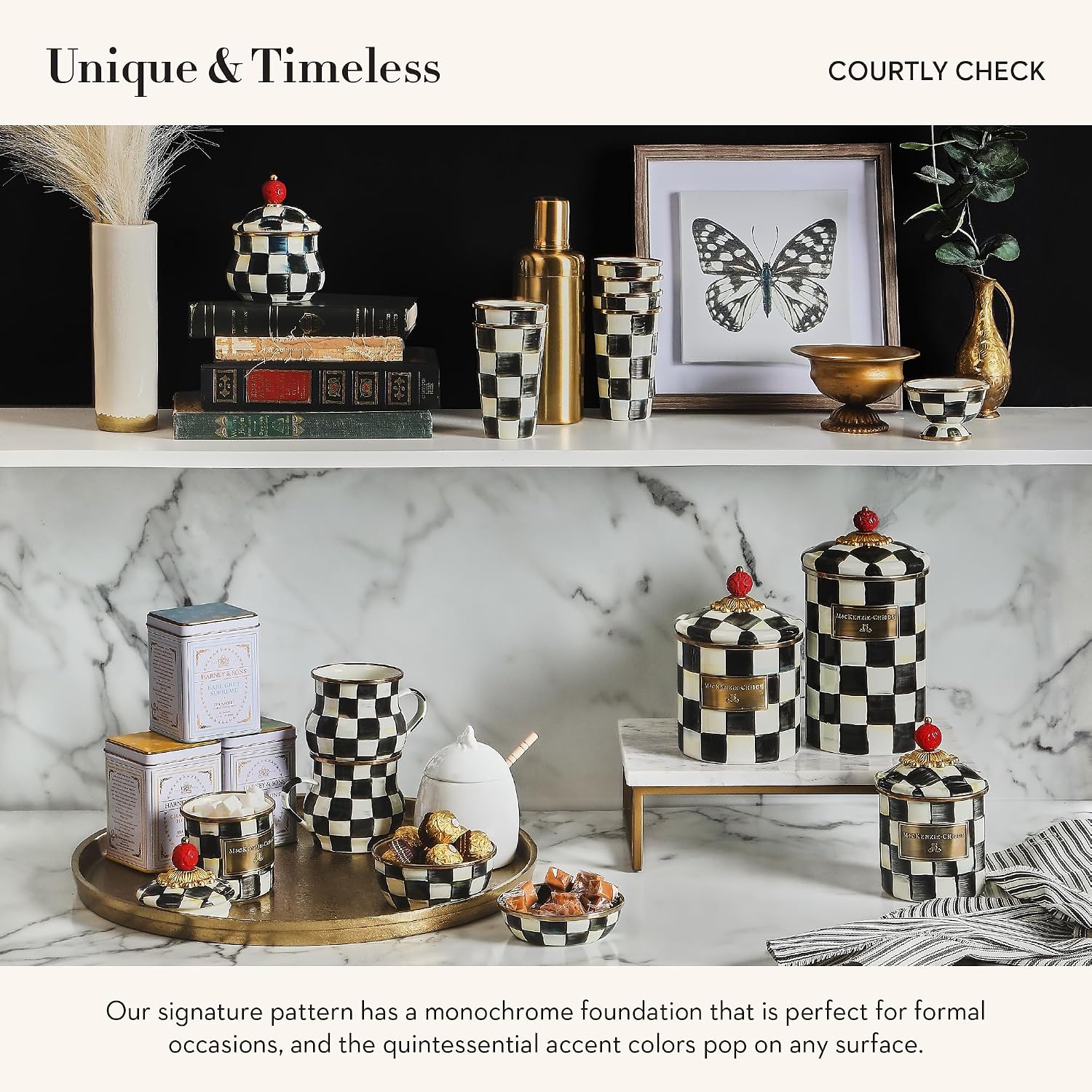MACKENZIE-CHILDS Enamel Tumbler, Black-and-White Courtly Check | Hand-painted design, elegant drinkware with gold rim, 2.75" dia. x 4.5" H, 10-ounce capacity