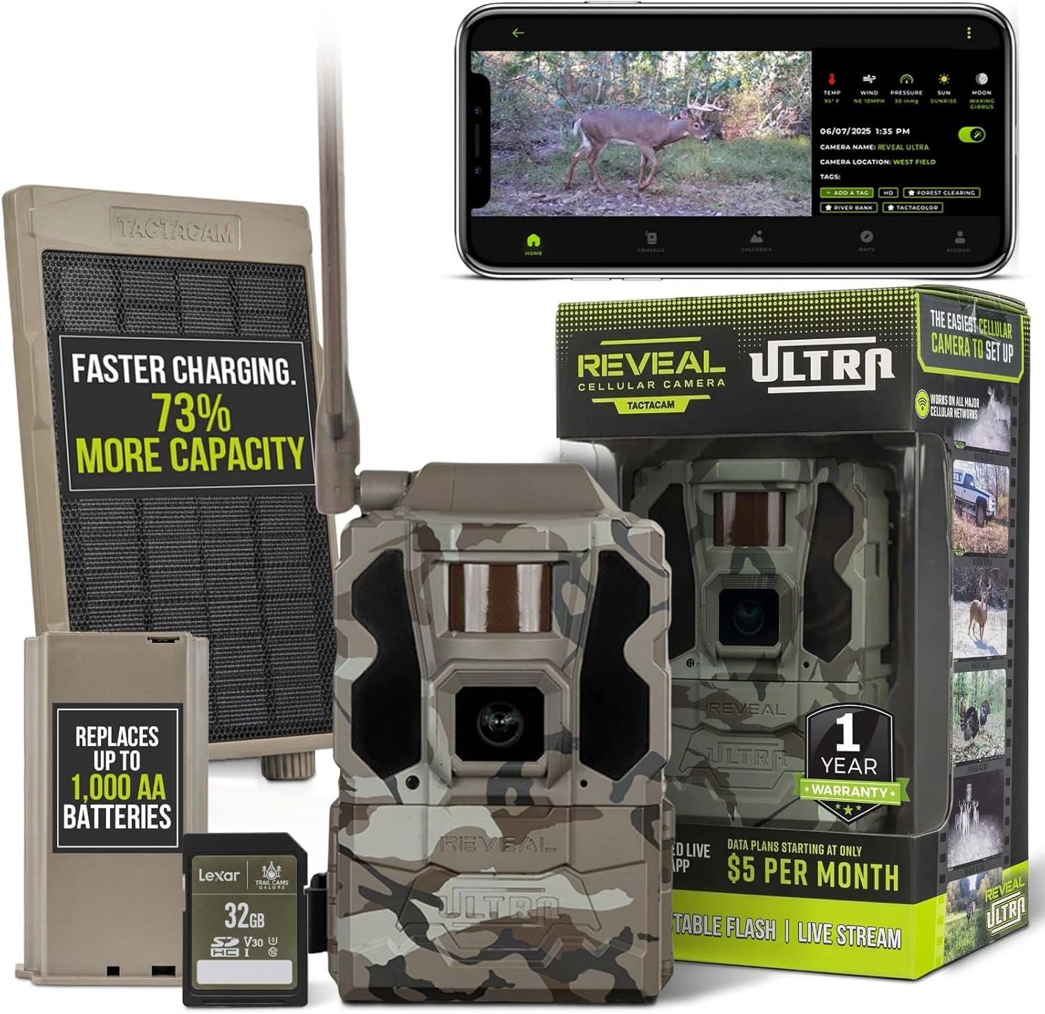 TACTACAM Reveal Ultra Cellular Trail Camera – 4K Photo, 1080P Video, Live Streaming, GPS, Low-Glow/No-Glow Flash, LTE – Includes Solar Panel