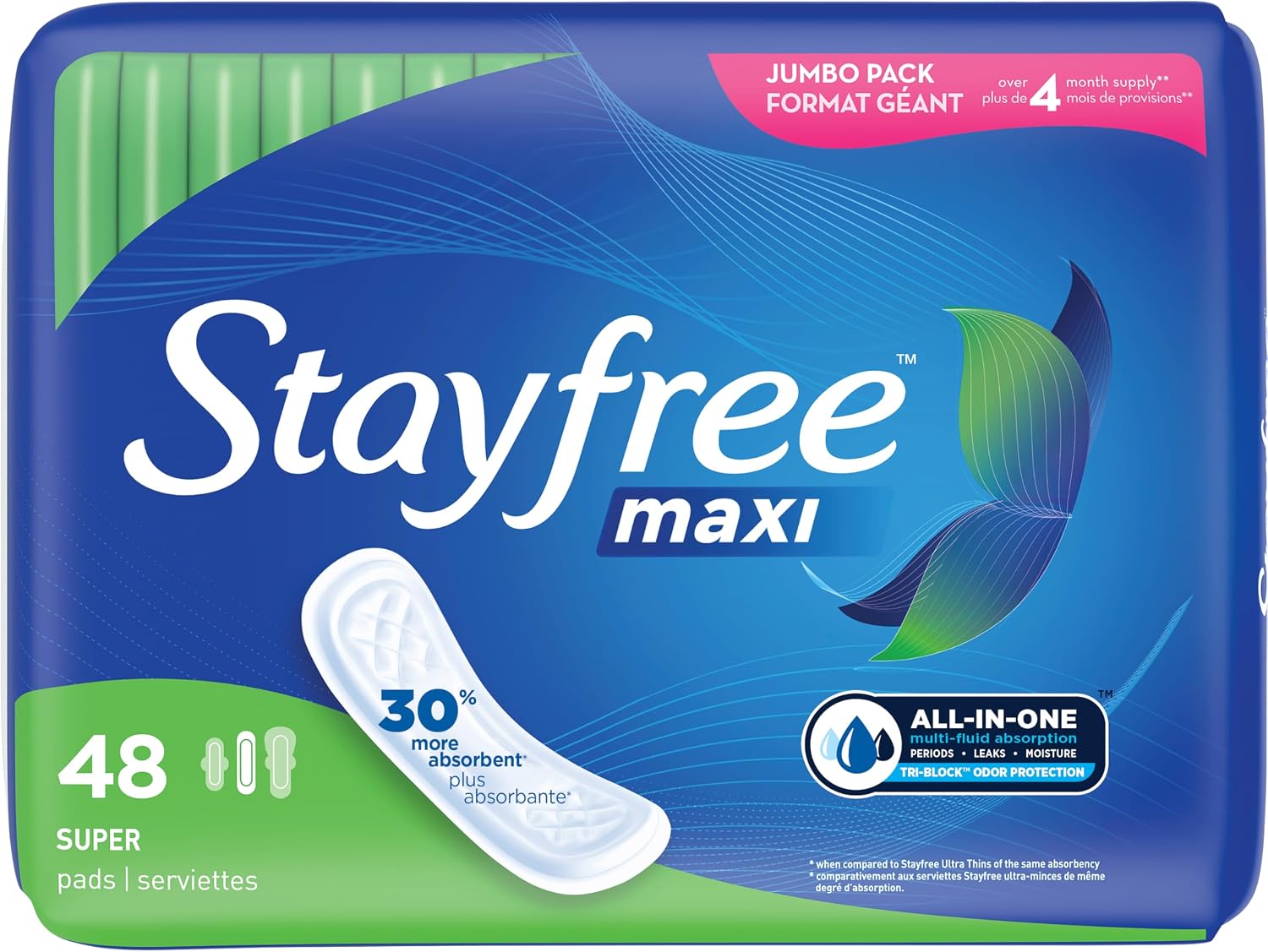 Stayfree Maxi Super Pads Wingless, Period and Leaks, 66 ct