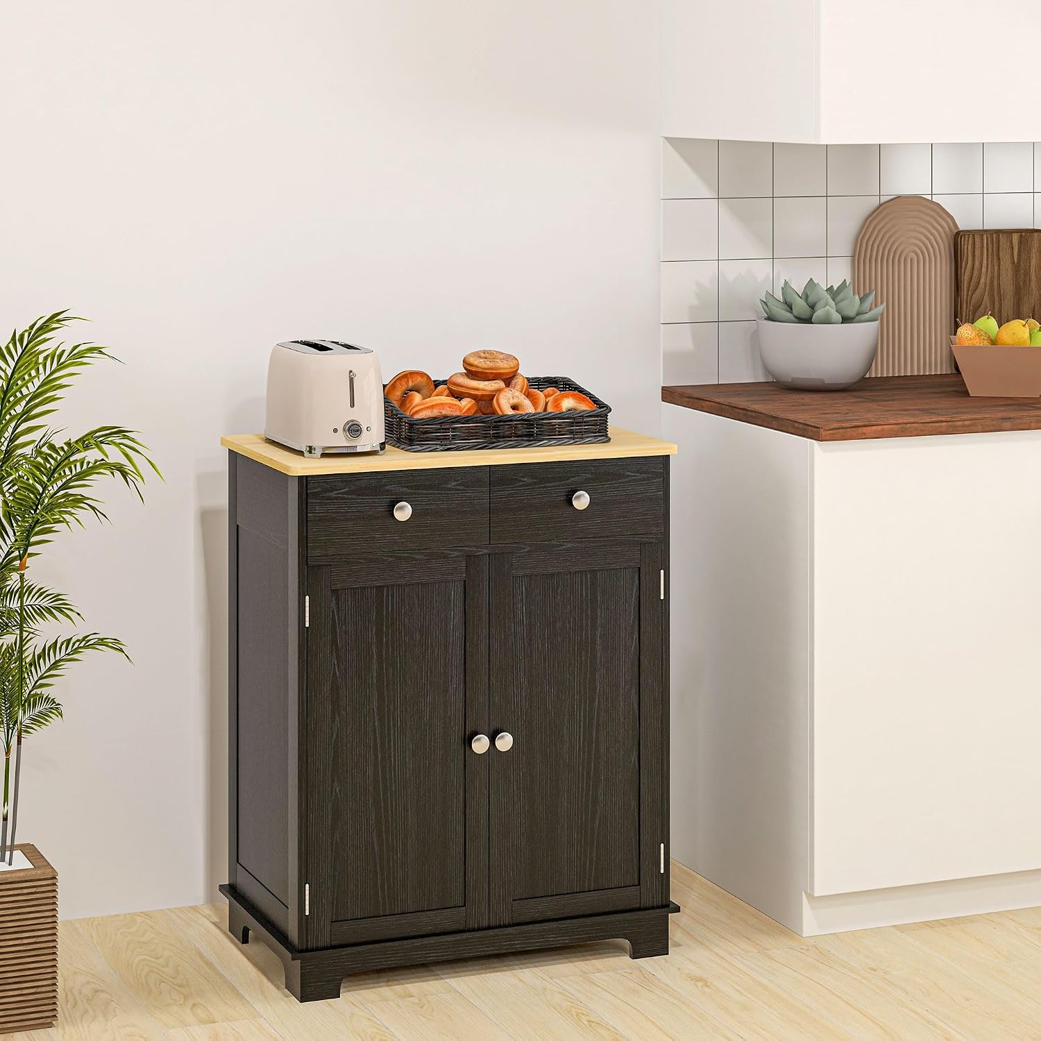 HOMCOM Sideboard Buffet Cabinet Solid Wood Countertop White