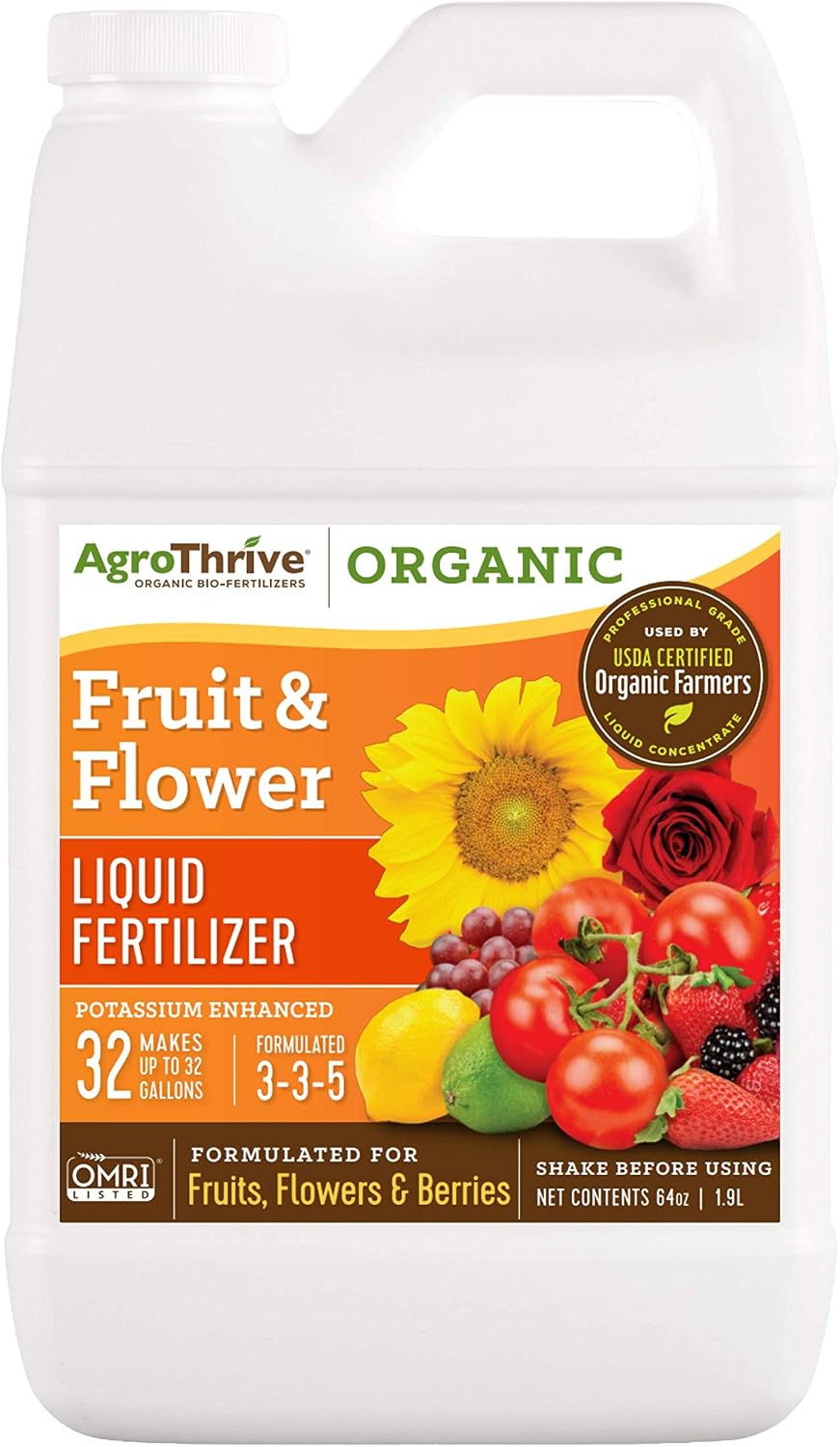 AgroThrive Fruit and Flower Organic Liquid Fertilizer - 3-3-5 NPK (ATFF1128) (1 Gal) for Fruits, Flowers, Vegetables, Greenhouses and Herbs