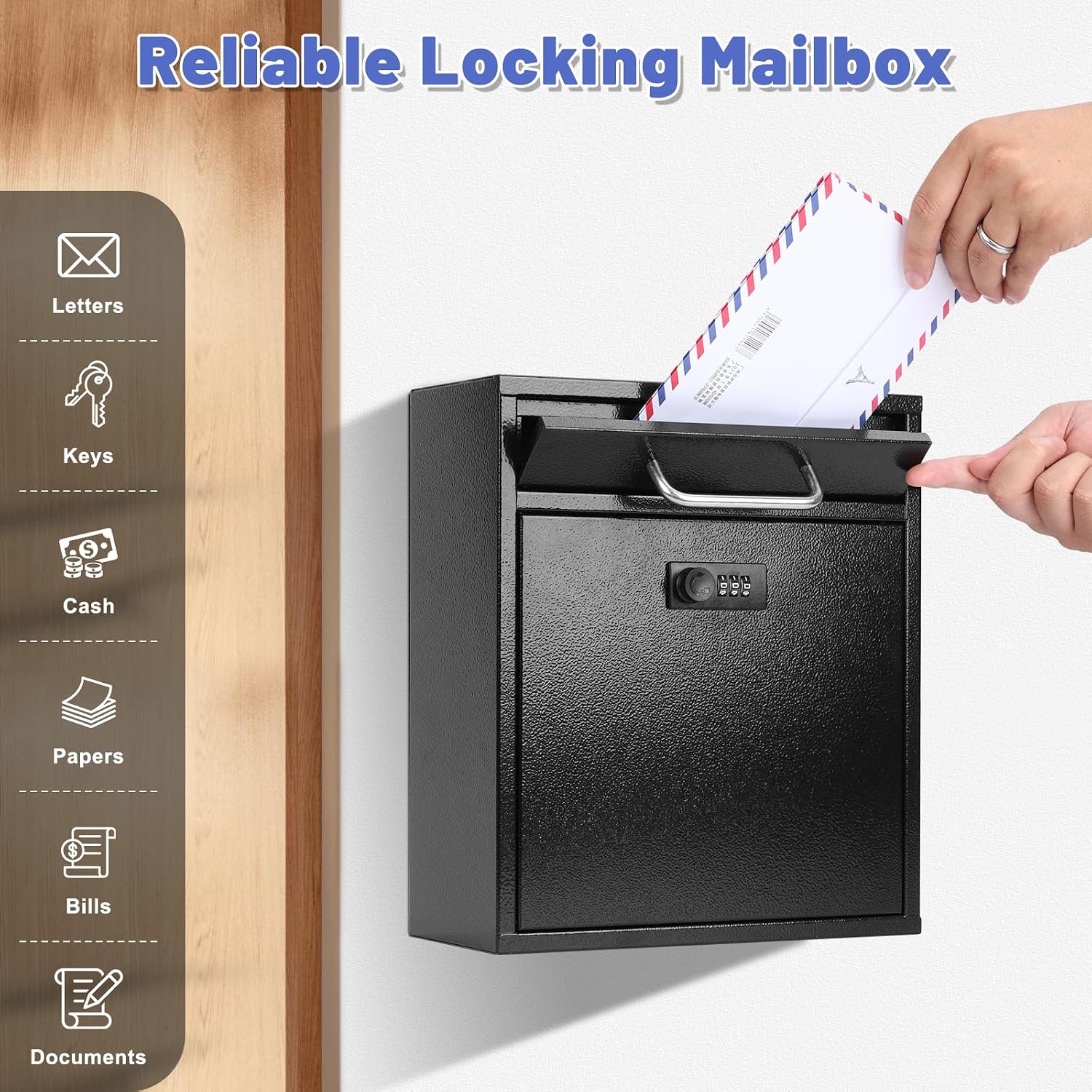 KYODOLED Steel Key Lock Mail Boxes Outdoor, Locking Wall Mount Mailbox, Security Lock Drop Box, Collection Boxes for Home, Office or Commercial,16.2H x 11.2L x 4.6W Inches, Black X Large