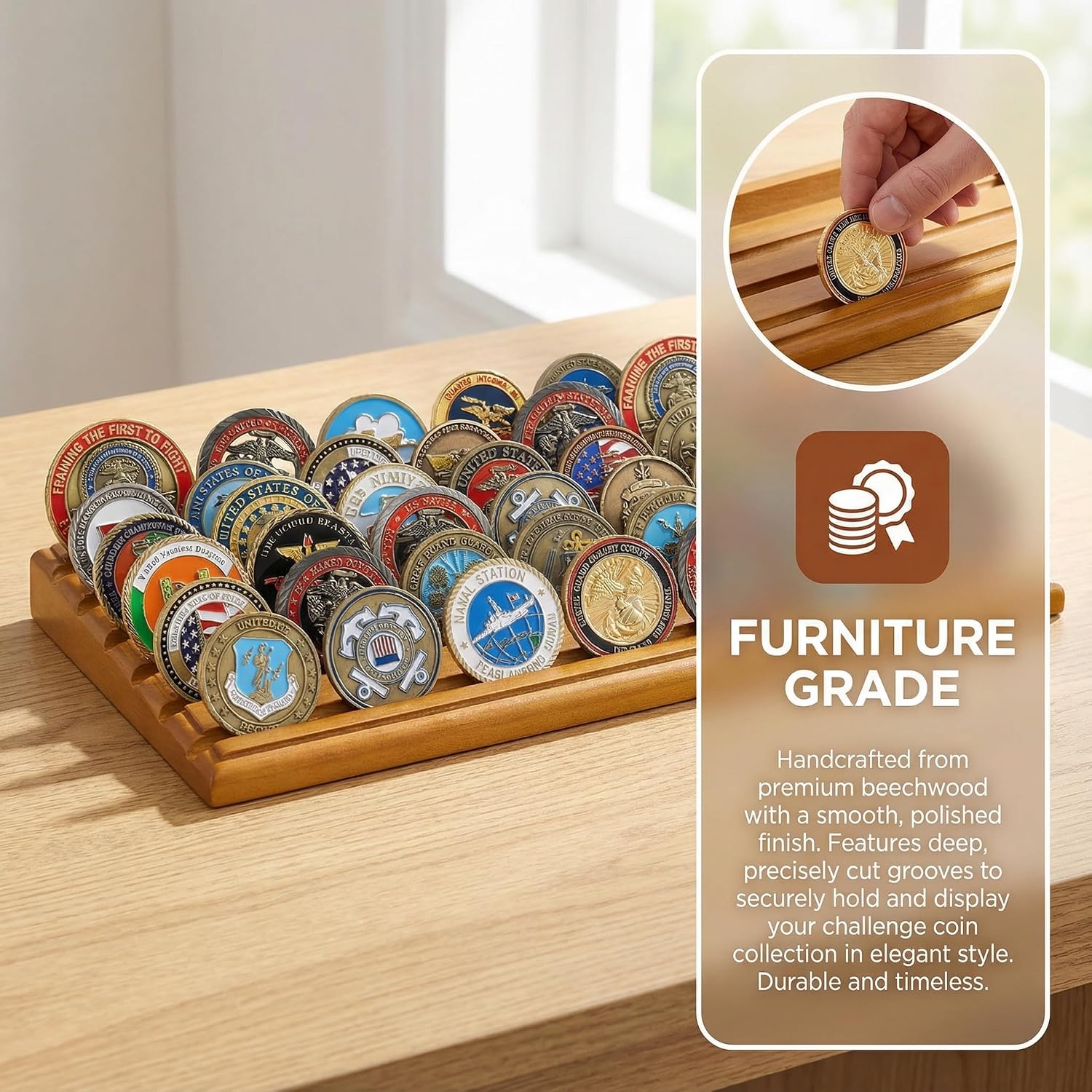 DisplayGifts Challenge Coin Display Stand 4 Row Wooden Holder Rack Case Holds 28 Coins Walnut Finish