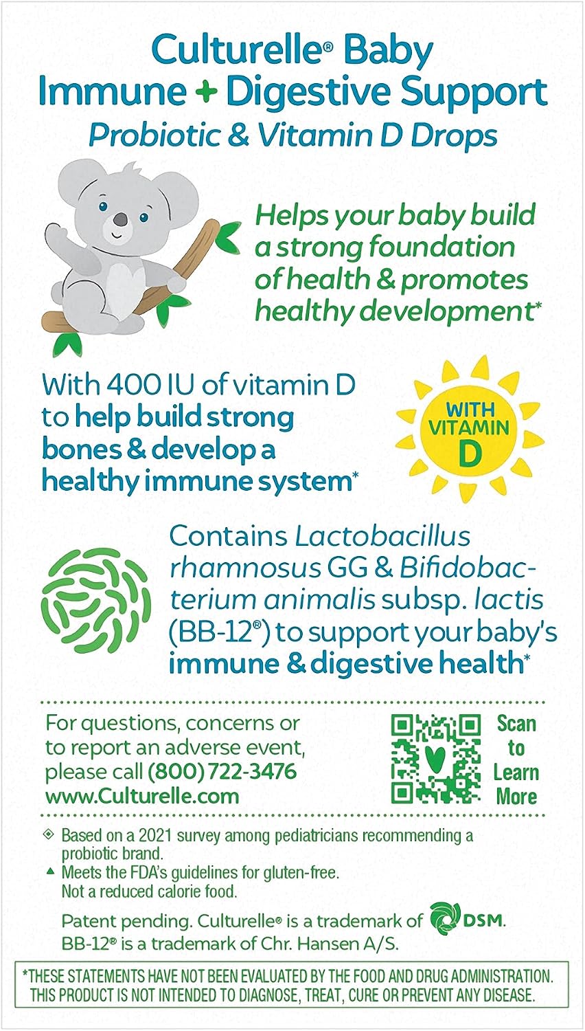 Culturelle Baby Probiotic Drops + Vitamin D, Immune & Digestive Health 9ml | Lactobacillus rhamnosus GG & Bifidobacterium lactis BB-12 (R) strains