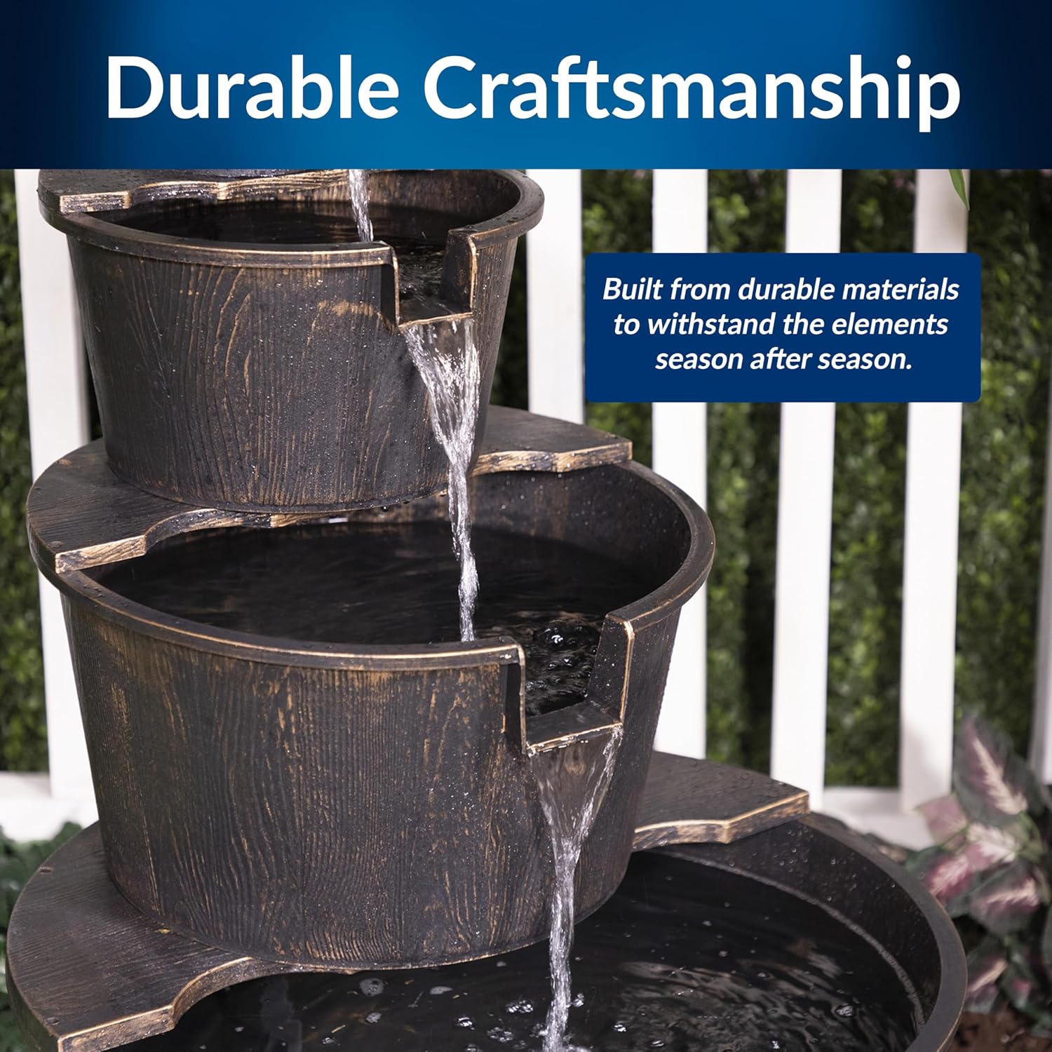 Alpine Corporation 40" Tall Outdoor Floor Tiered Rustic Pump and Barrel Water Fountain, Old-Fashioned Waterfall for Garden, Patio, Yard Decor