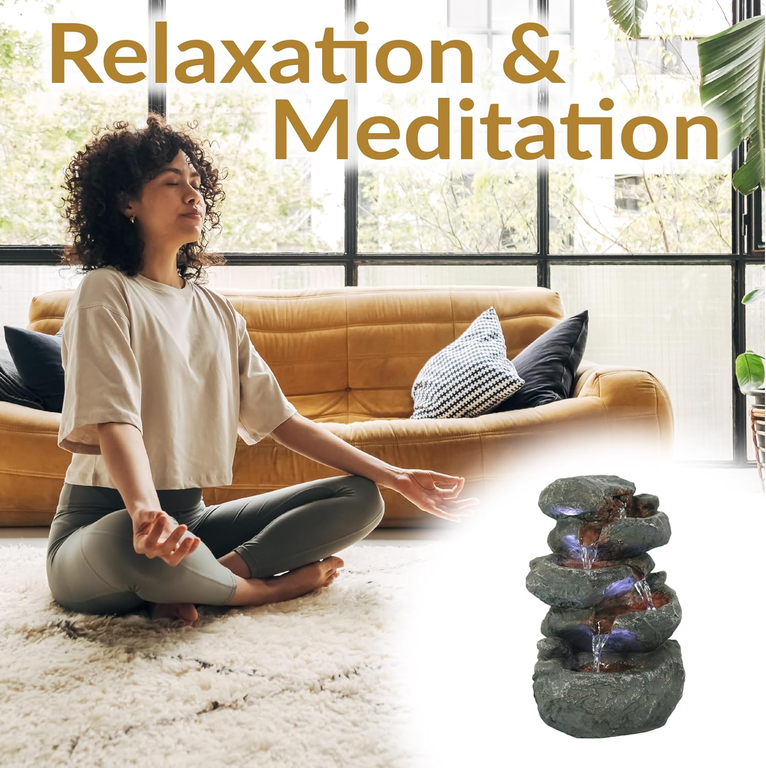 Sunnydaze 10" 5-Step Tabletop Water Fountain with LED Lights, Stacked Rocks | Rock Water Fountain with Calm Sounds for Meditation